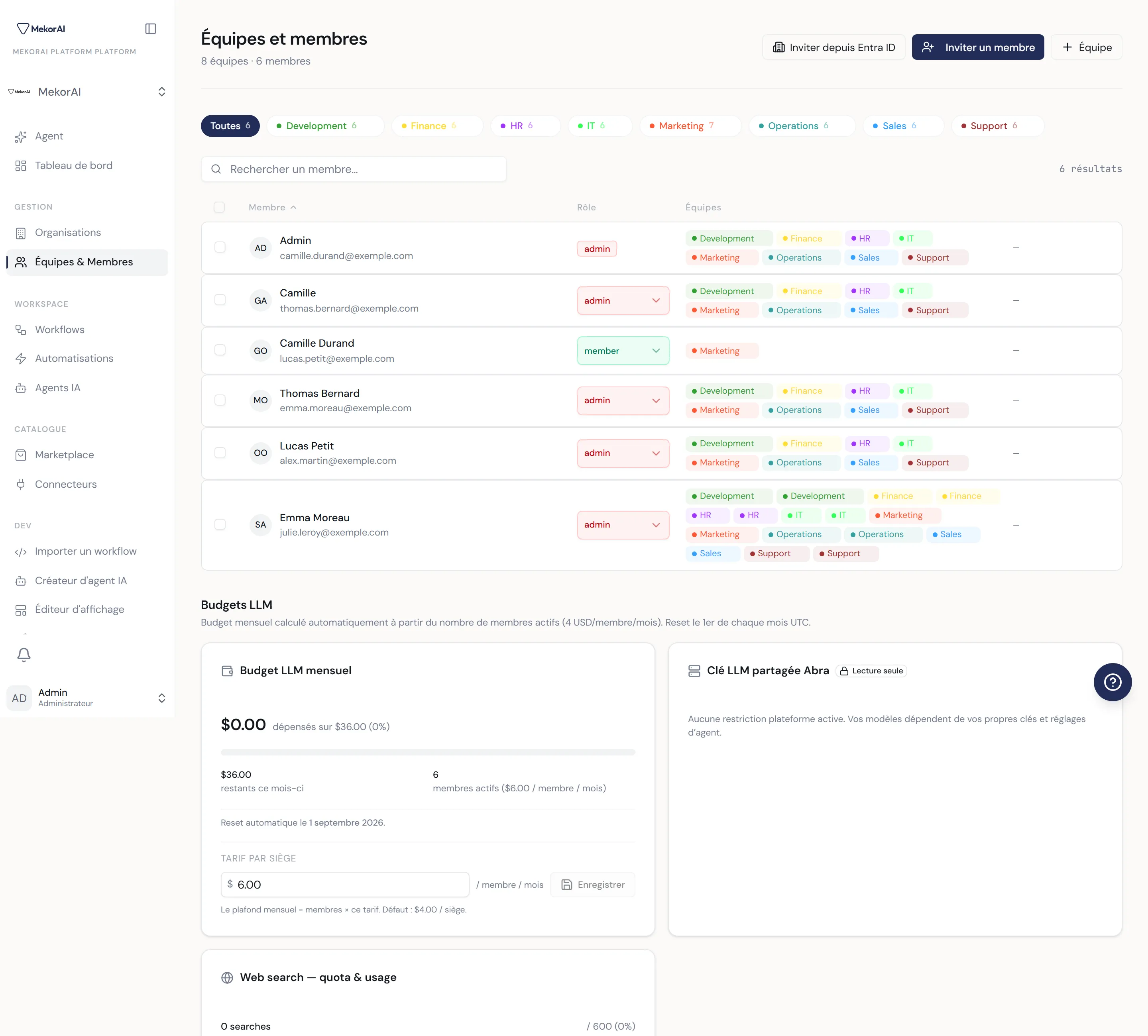 À CAPTURER : espace d'administration — liste des membres avec leurs rôles, onglets équipes / connecteurs / gouvernance des modèles.