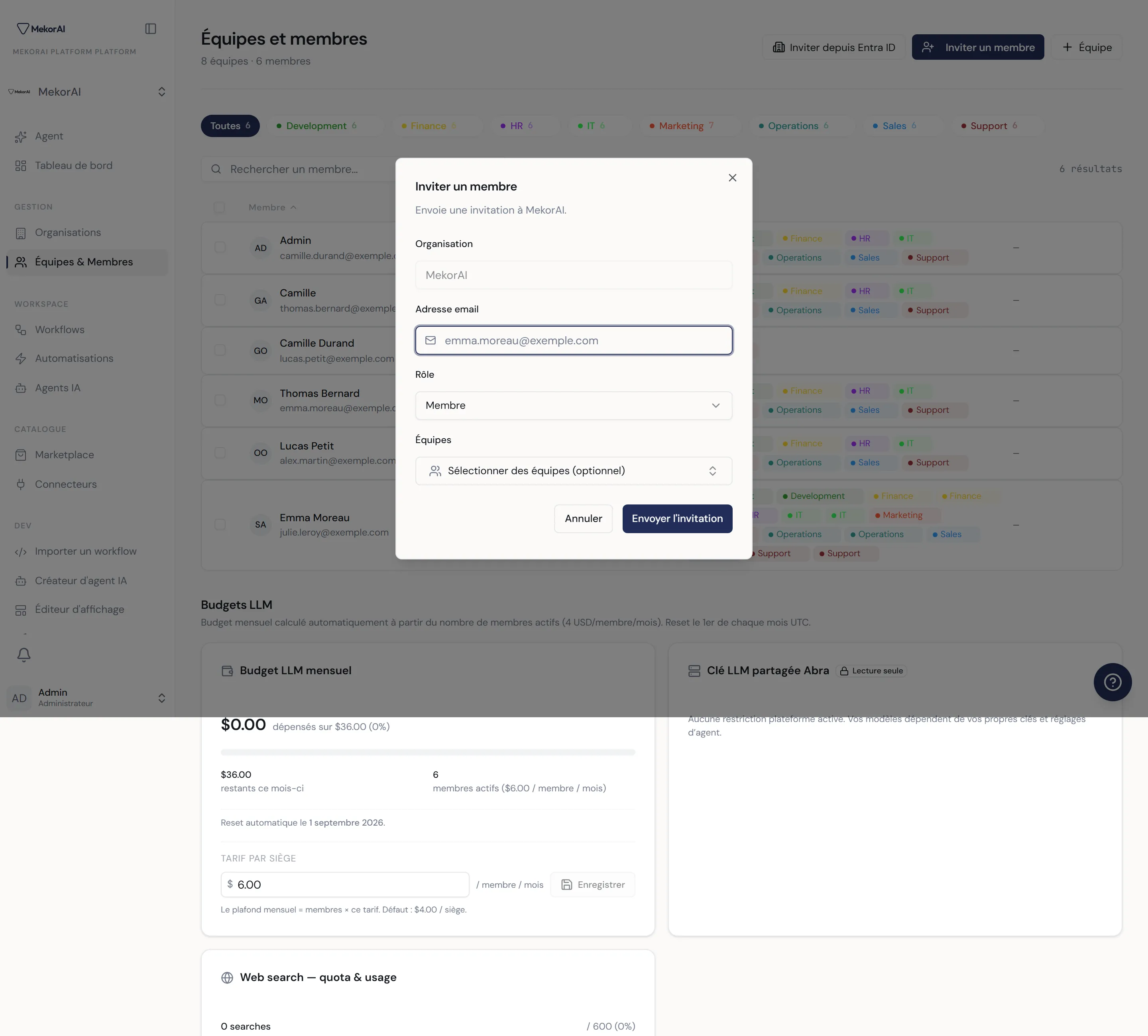 À CAPTURER : la table d'invitation d'un membre — champ e-mail et sélecteur de rôle (membre / manager / développeur / admin) sur la page de l'organisation