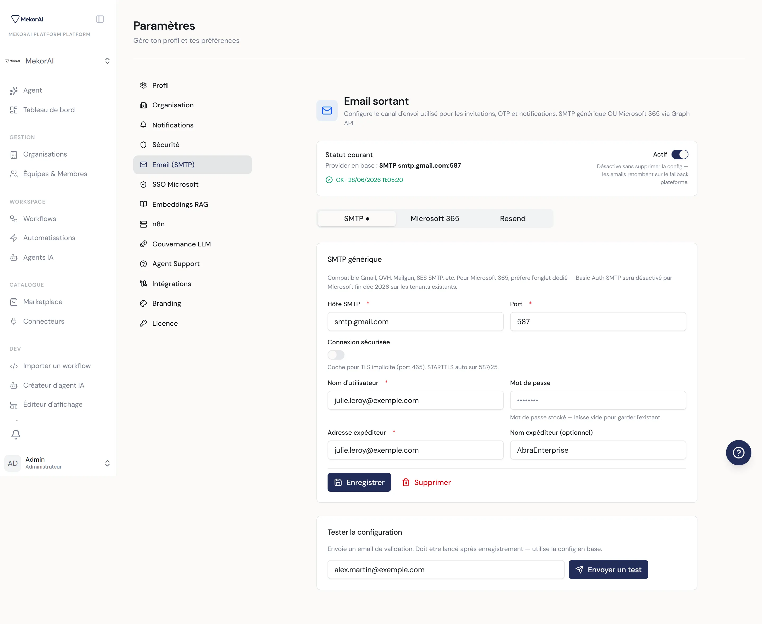 À CAPTURER : le formulaire SMTP de l'organisation (serveur, port, identifiants, expéditeur)