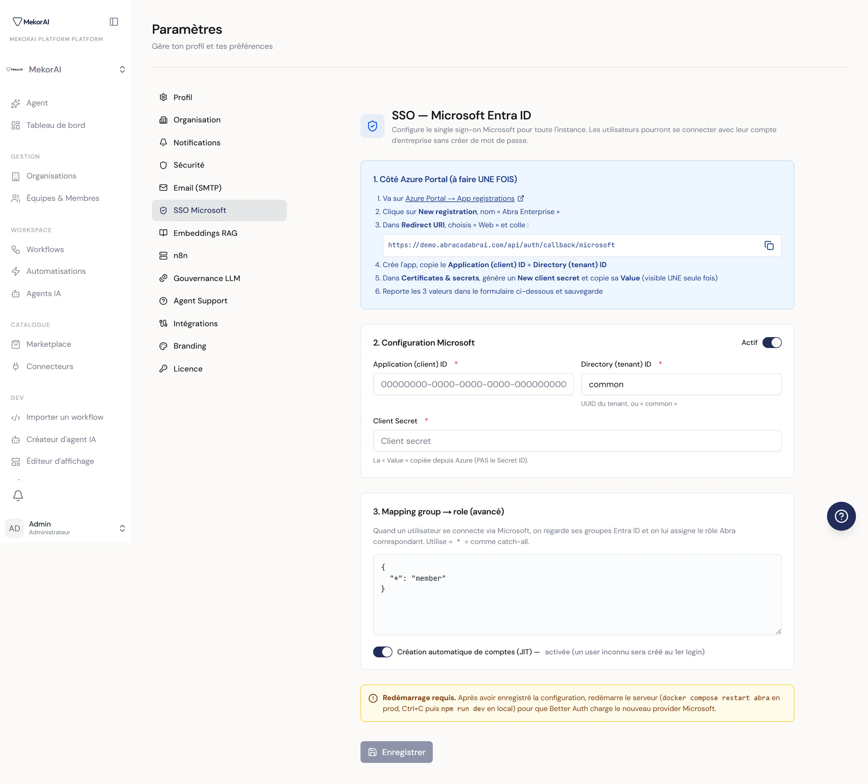 À CAPTURER : la page SSO avec les onglets Microsoft Entra ID et Google Workspace, et l'URI de redirection à copier
