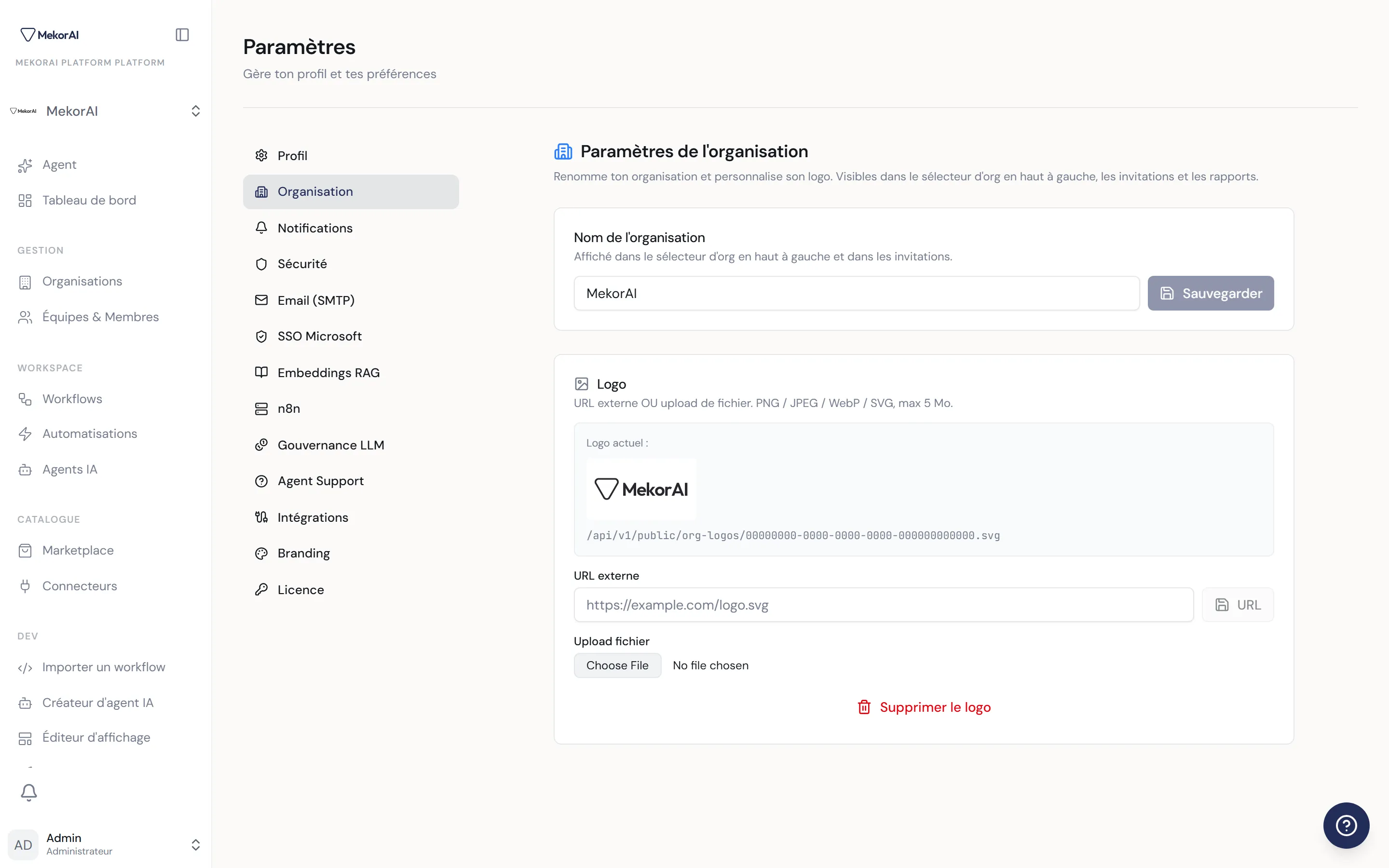 À CAPTURER : les paramètres de l'organisation avec le champ Nom et l'aperçu du logo