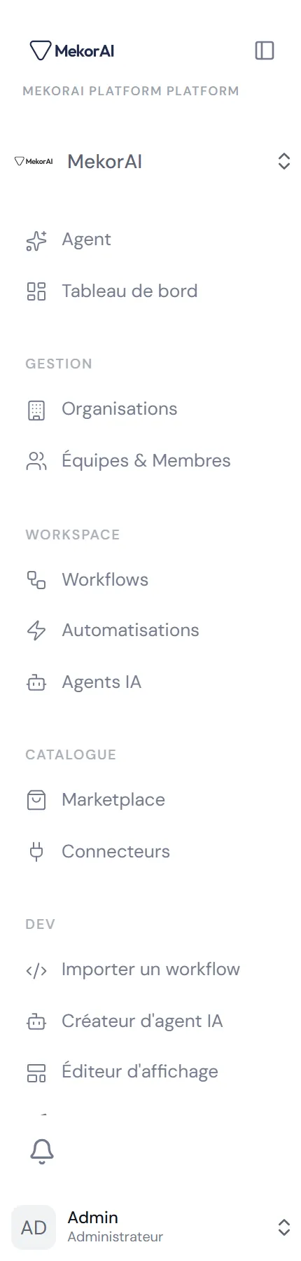À CAPTURER : la barre latérale gauche en mode administrateur plateforme, avec ses sections Tableau de bord / Gestion / Travail / Paramètres et tous les liens