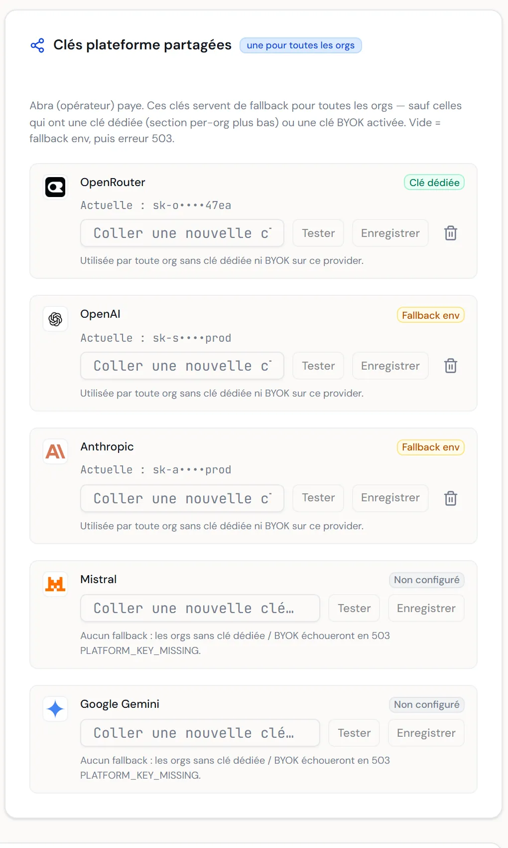 À CAPTURER : la carte « Clés plateforme partagées » avec une ligne par fournisseur, chacune montrant son badge de source, le champ de saisie et les boutons Tester / Enregistrer / Effacer
