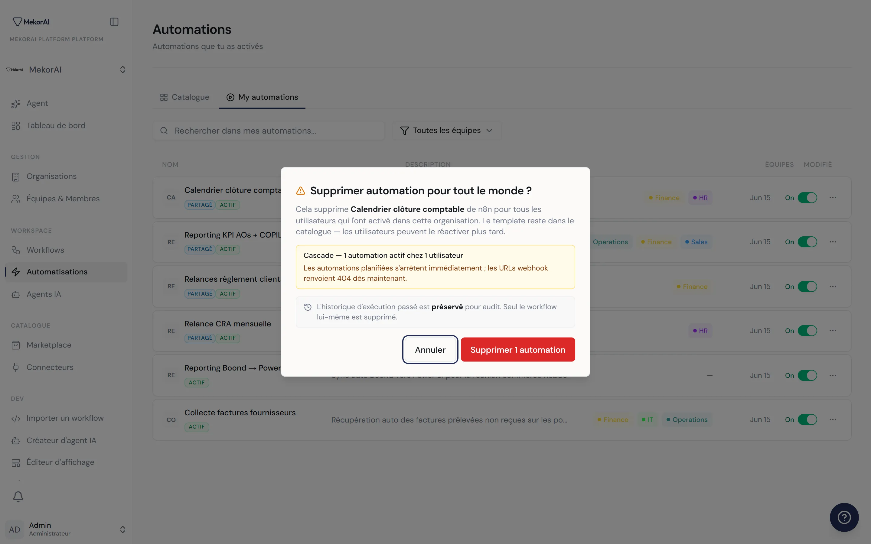 À CAPTURER : la fenêtre de confirmation de suppression d'une automation — titre, texte d'avertissement, encart d'impact, et boutons Annuler / Confirmer