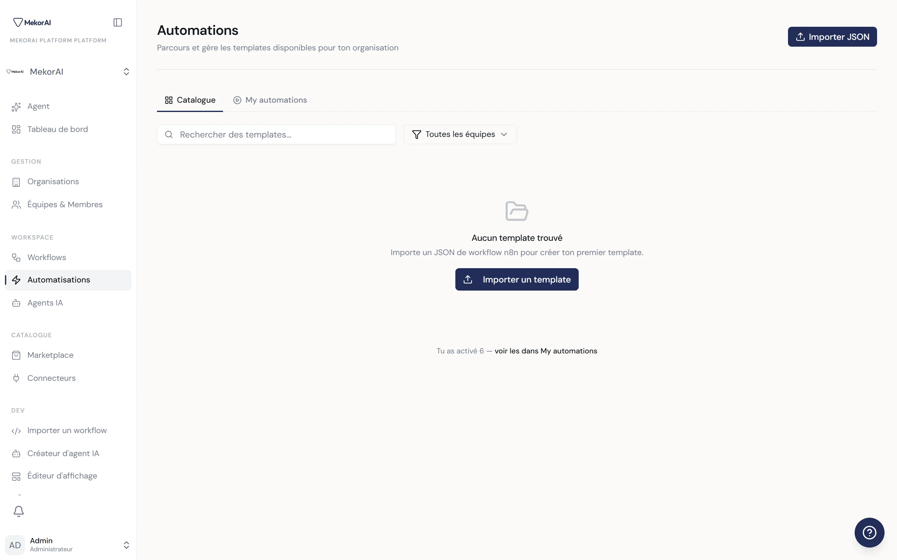 À CAPTURER : l'onglet Catalogue — barre de recherche + bouton filtre d'équipe, en-têtes de colonnes, et deux ou trois lignes d'automations