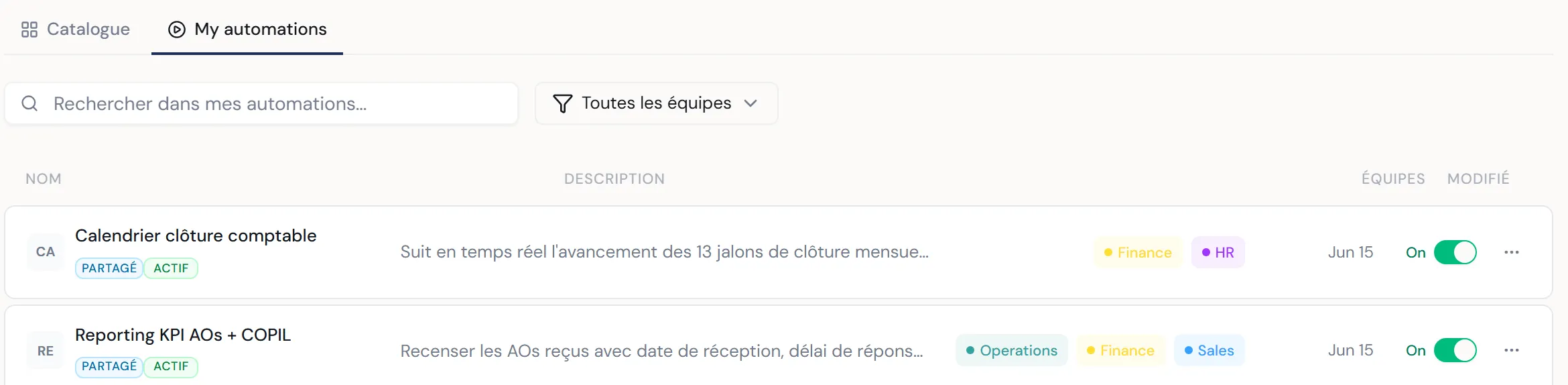 À CAPTURER : l'onglet Mes automations — barre de recherche, et une liste de deux automations, l'une avec l'interrupteur sur On (vert), l'autre sur Off