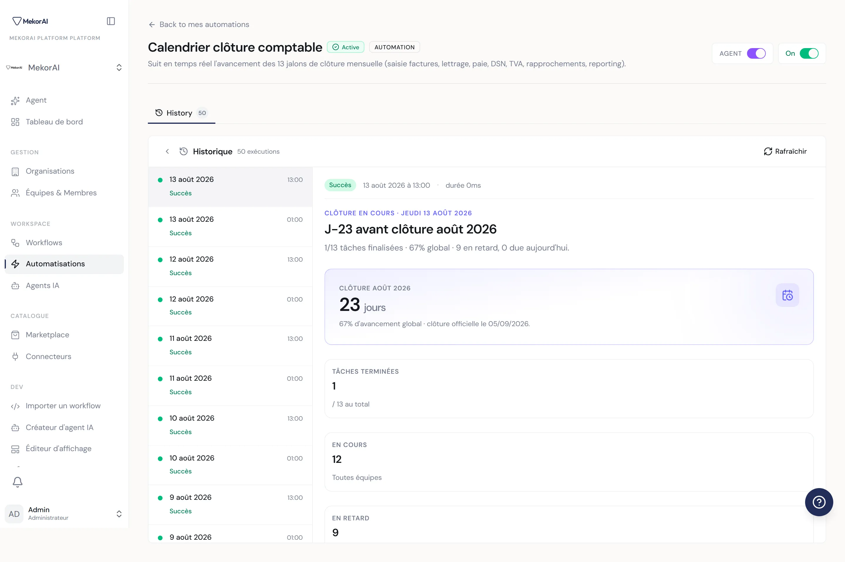 À CAPTURER : le haut de la fiche d'une automation — lien retour, nom + badge « Actif » + badge « automation », à droite la bascule « Agent » (violette) et la bascule On/Off (verte)