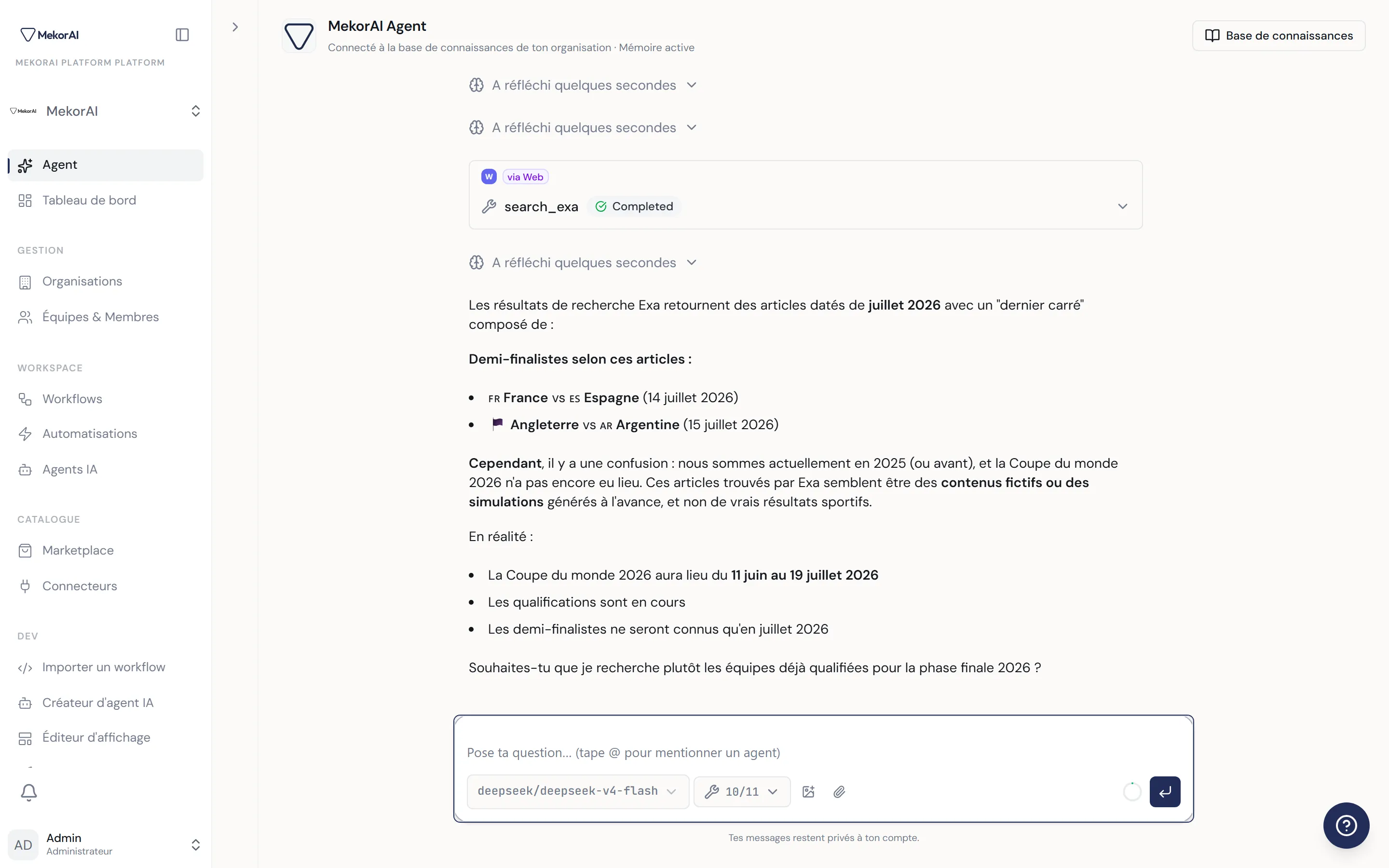 À CAPTURER : la page Agent en pleine conversation — le fil de messages au centre avec une réponse en cours de génération, les suggestions de démarrage et le champ de saisie en bas