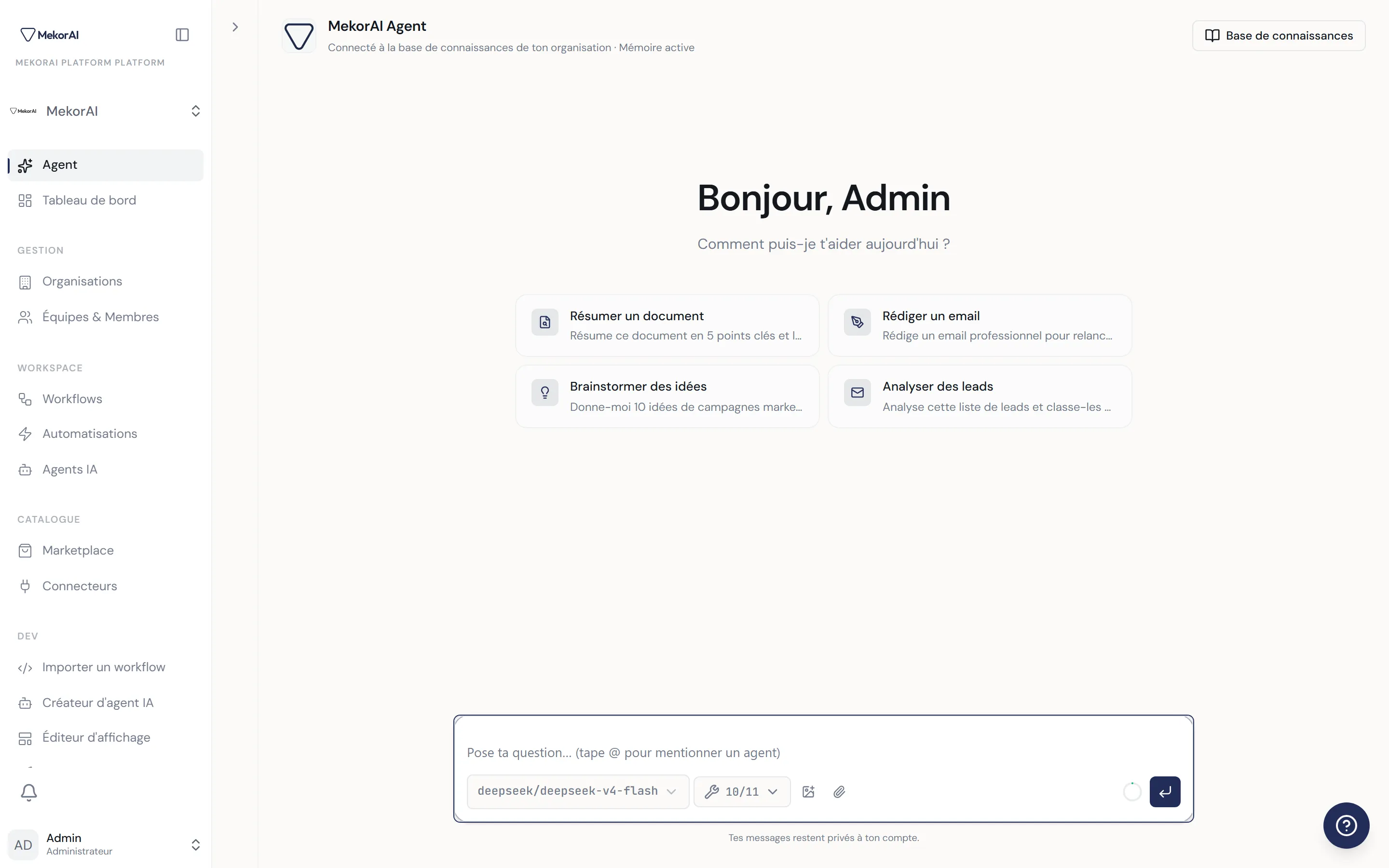 À CAPTURER : page d'accueil d'Abra après connexion — barre latérale (agents, workflows, connecteurs, marketplace) et zone de conversation centrale avec l'agent par défaut.