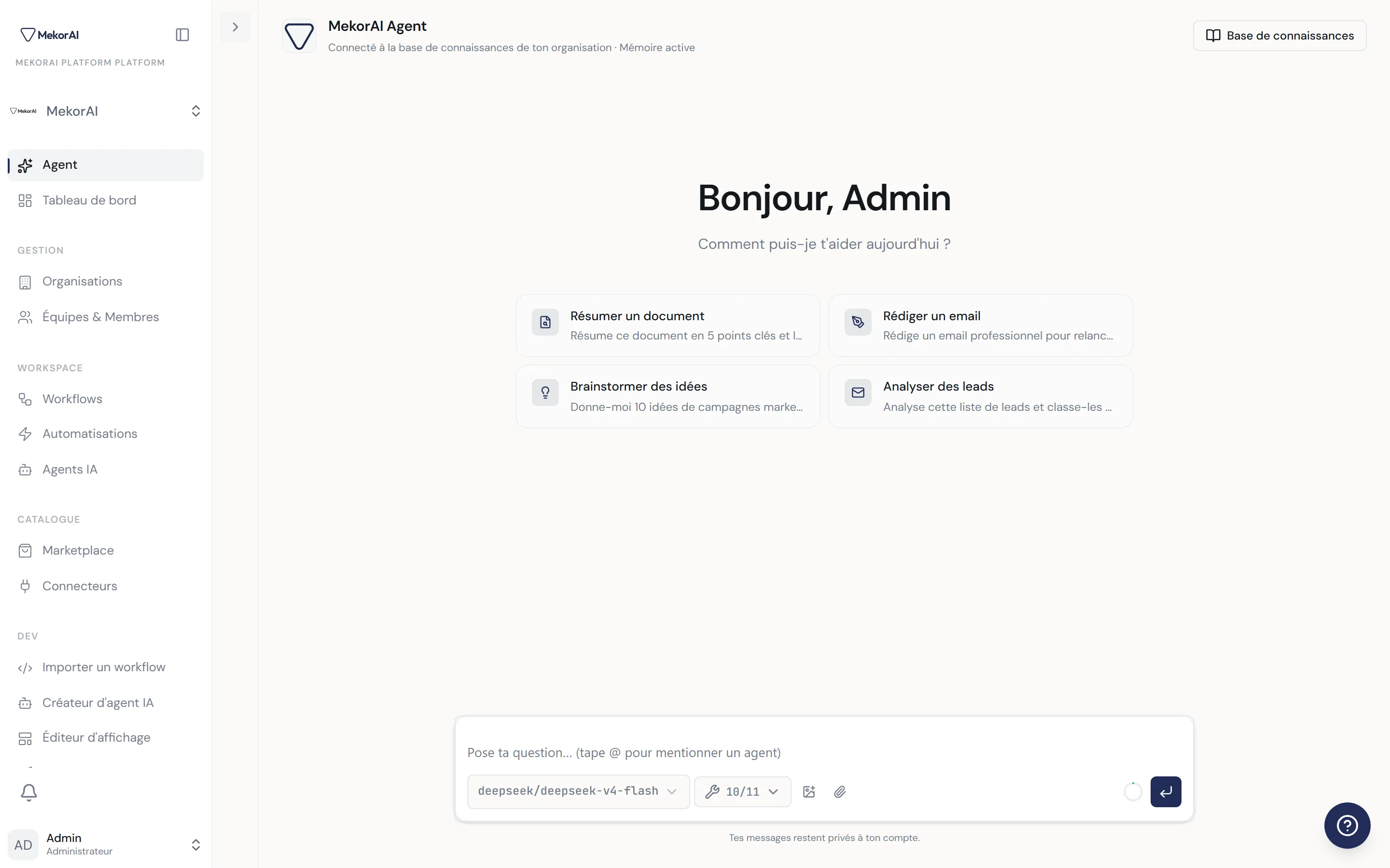 À CAPTURER : la barre d'historique dépliée — bouton Nouvelle discussion, champ de recherche, liste « Récentes » avec plusieurs lignes (une active), et le lien Paramètres agent en pied