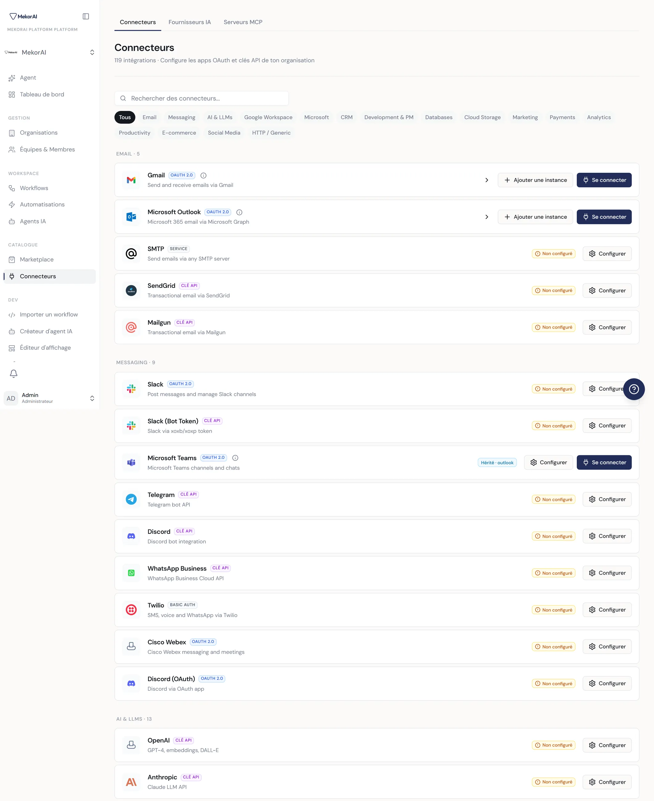 À CAPTURER : la page Connecteurs — la liste des outils groupés par catégorie, avec logos, badges OAuth / clé API, statut, et le bouton Connecter à droite d'une ligne
