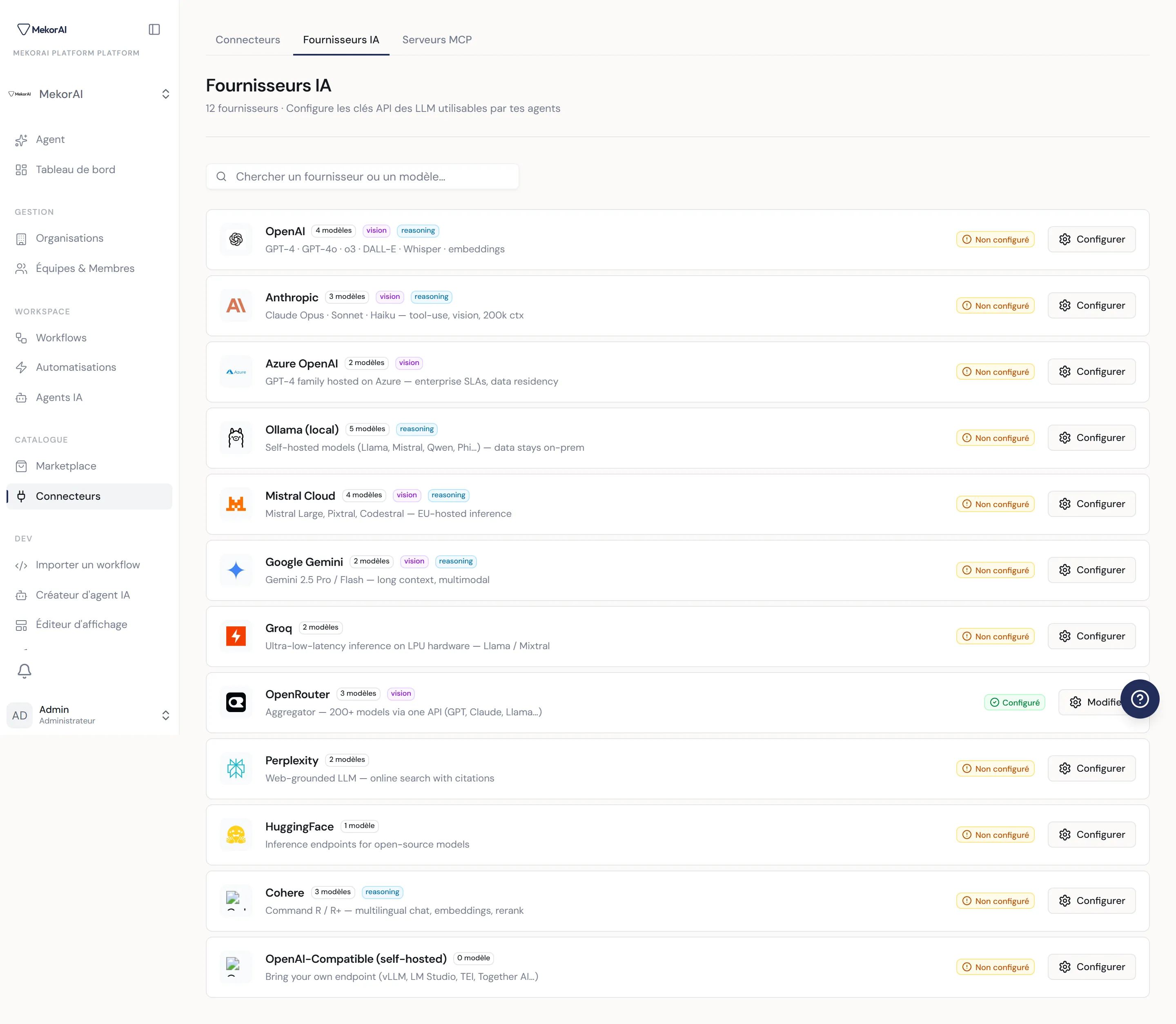 À CAPTURER : l'onglet Fournisseurs IA avec plusieurs cartes (OpenAI, Anthropic, Mistral…) dont certaines sont Configuré et d'autres Non configuré