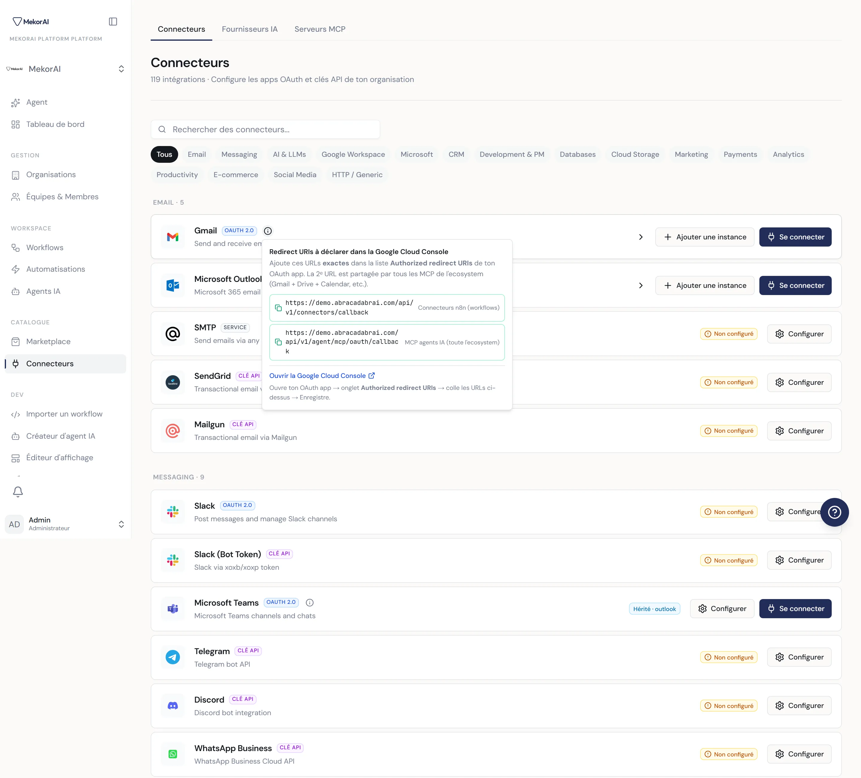 À CAPTURER : la bulle (popover) ouverte depuis le bouton i d'une carte configurée — titre, texte, liste des URLs avec bouton copier, et lien « Ouvrir la console »