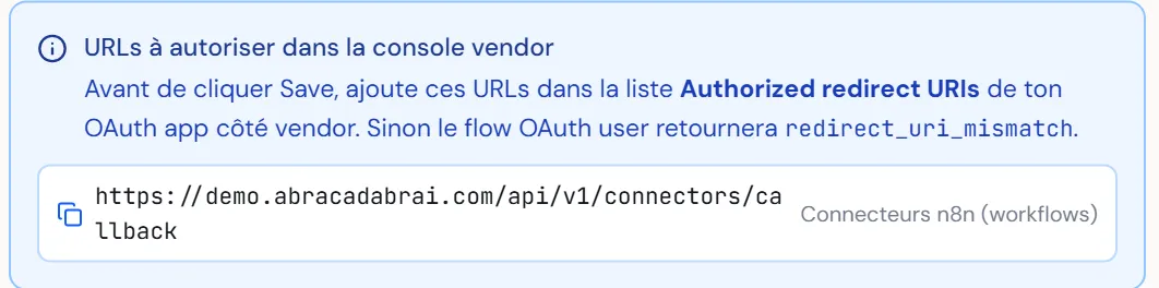 À CAPTURER : l'encadré redirect URIs dans ses deux états — bleu « à autoriser » avant enregistrement, et vert « à coller » après enregistrement, avec le bouton copier sur chaque URL