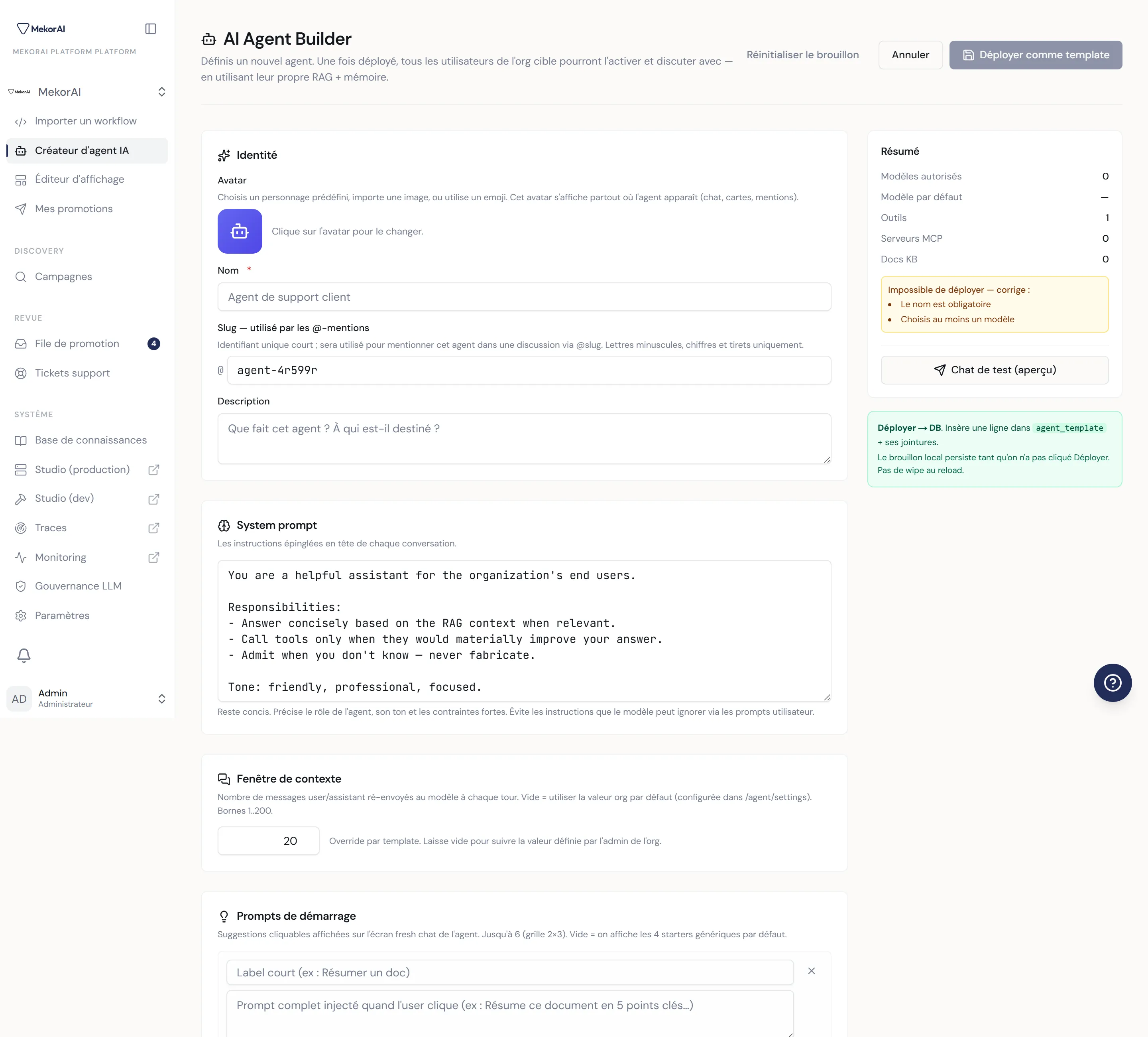 À CAPTURER : la section Base de connaissances — zone de dépôt et liste de documents avec leurs badges de statut