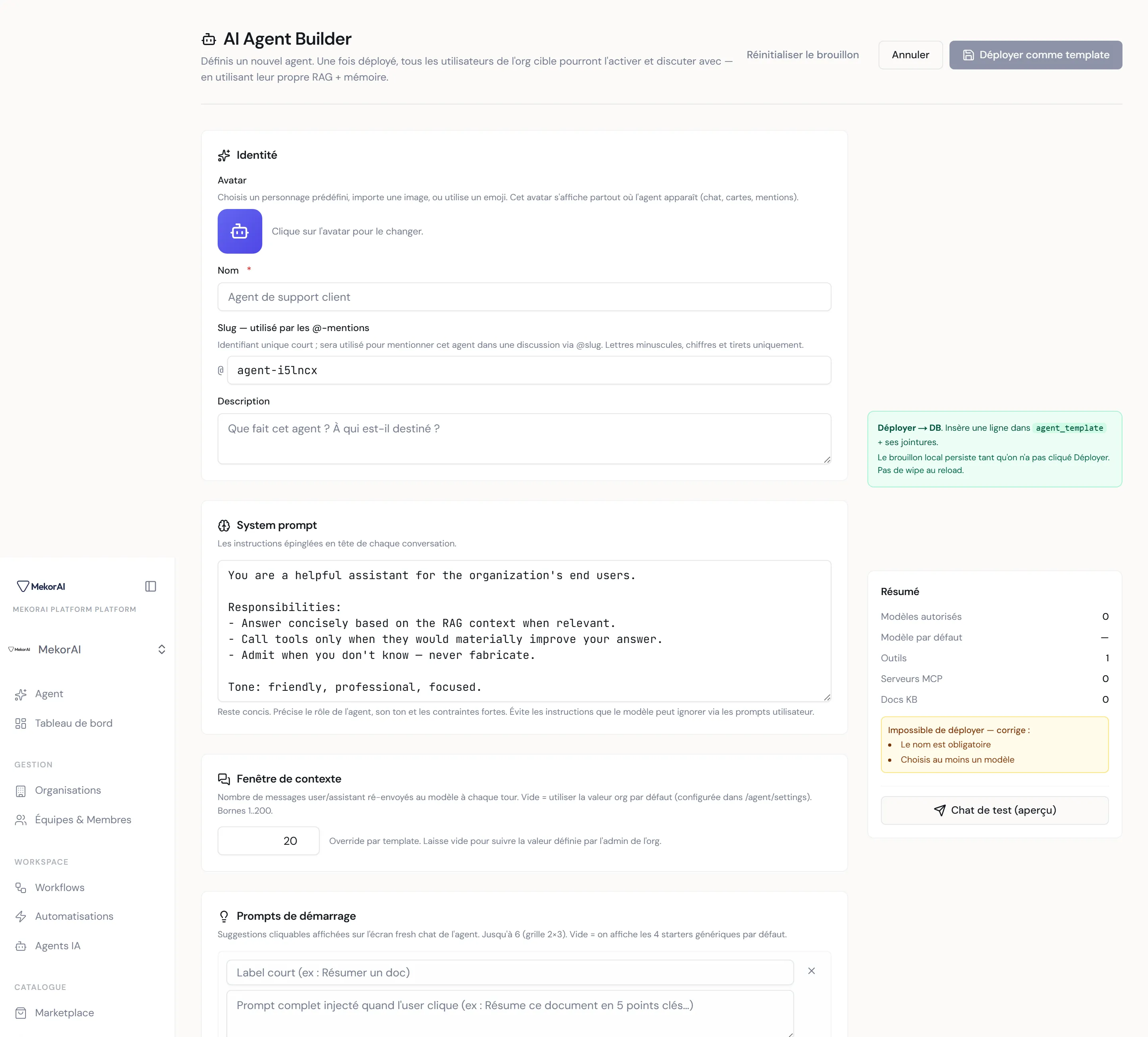 À CAPTURER : la section Prompts de démarrage avec deux entrées (Label + Prompt) et le bouton Ajouter