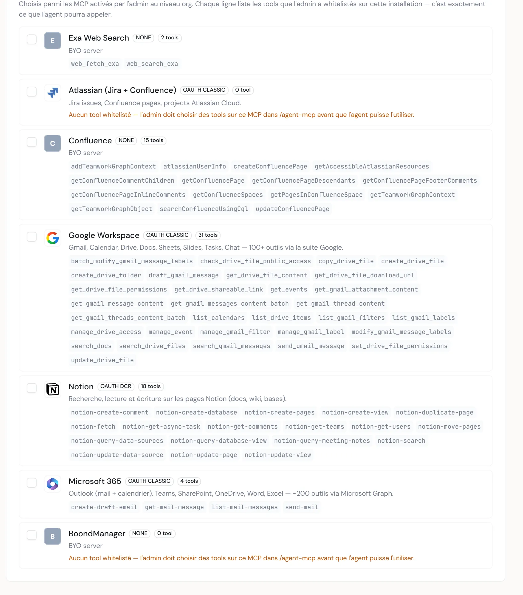 À CAPTURER : la section Serveurs MCP avec une liste de serveurs cochables, leur logo, le type d'authentification et la liste des outils autorisés