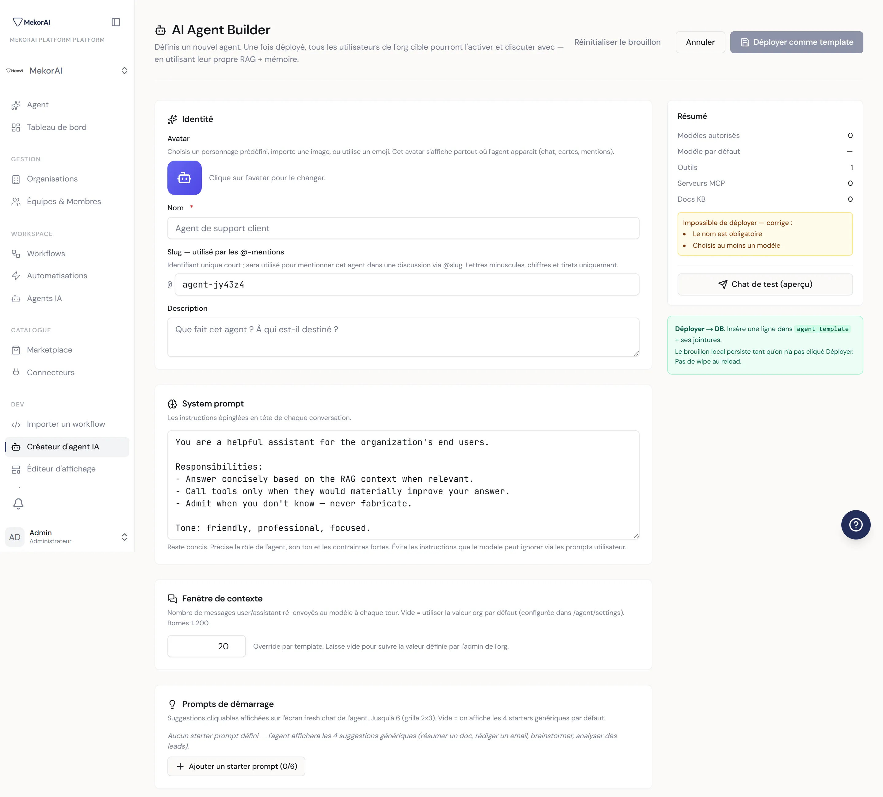 À CAPTURER : la section Identité dépliée — la pastille d'avatar, le champ Nom, le champ Slug préfixé d'un @, et la zone Description