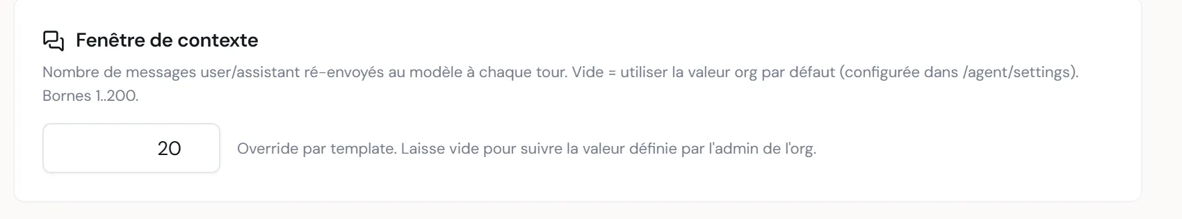 À CAPTURER : la section Fenêtre de contexte avec son petit champ numérique et le texte d'aide à droite