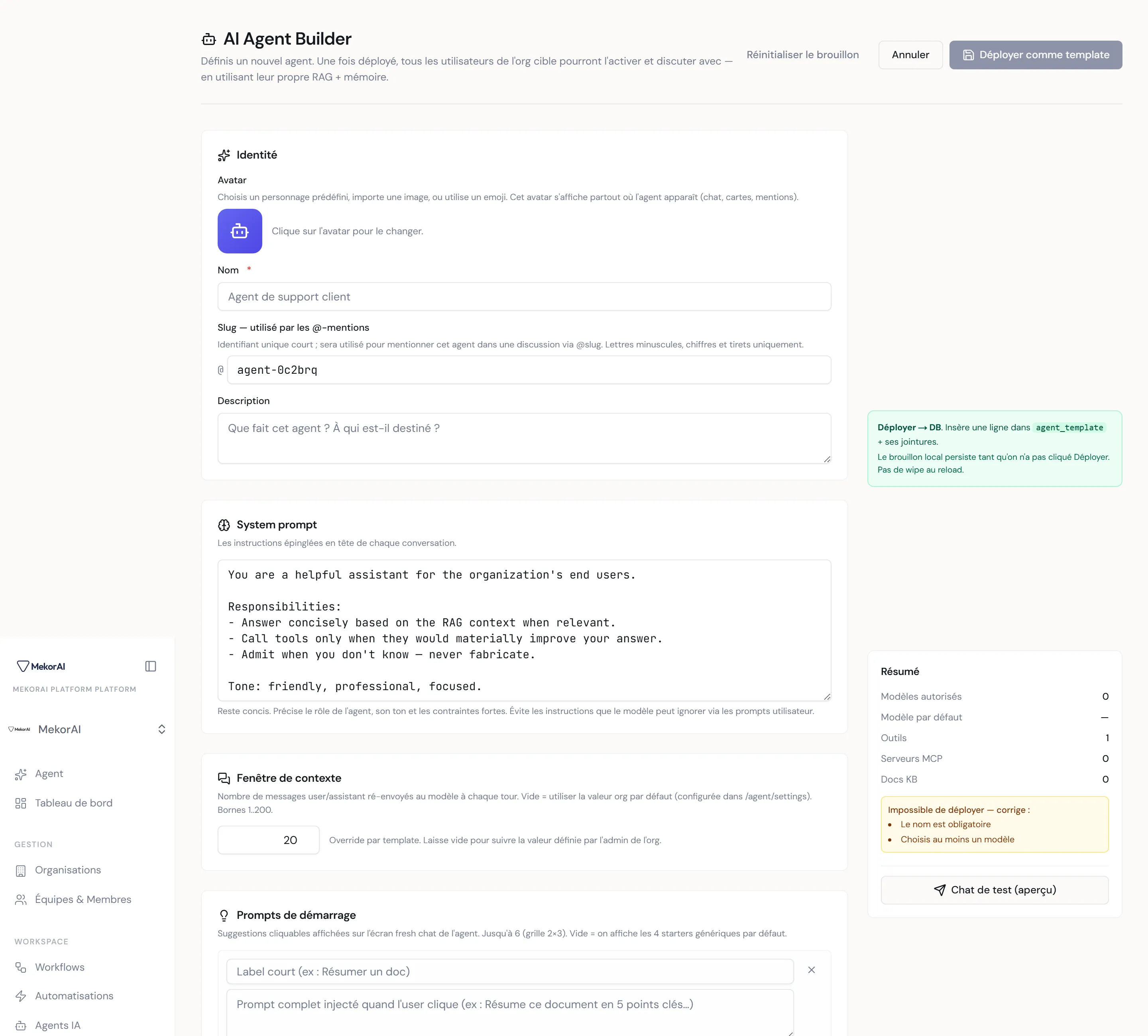 À CAPTURER : la section Prompts de démarrage avec une ou deux entrées ajoutées (champ label + zone de prompt + croix de suppression) et le bouton Ajouter en bas
