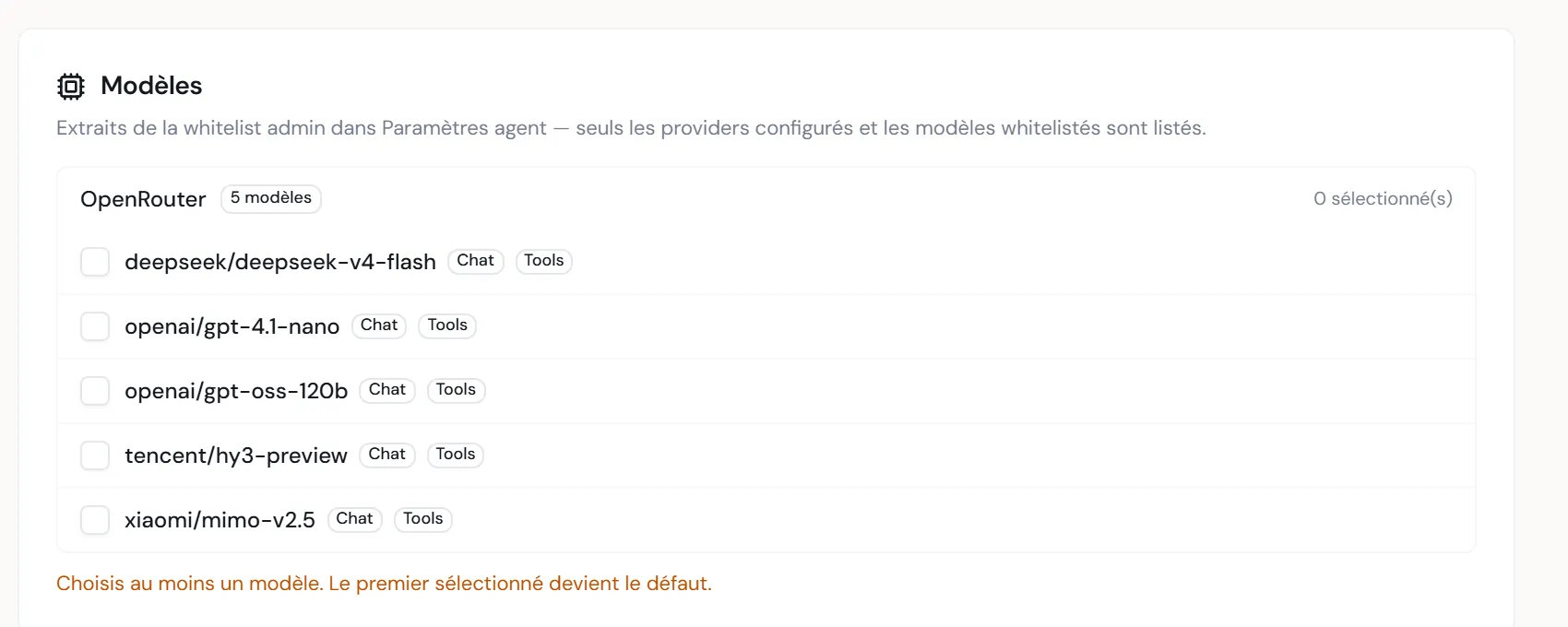 À CAPTURER : la section Modèles avec un groupe de fournisseur déplié, plusieurs modèles cochés et le badge « Par défaut » sur l'un d'eux