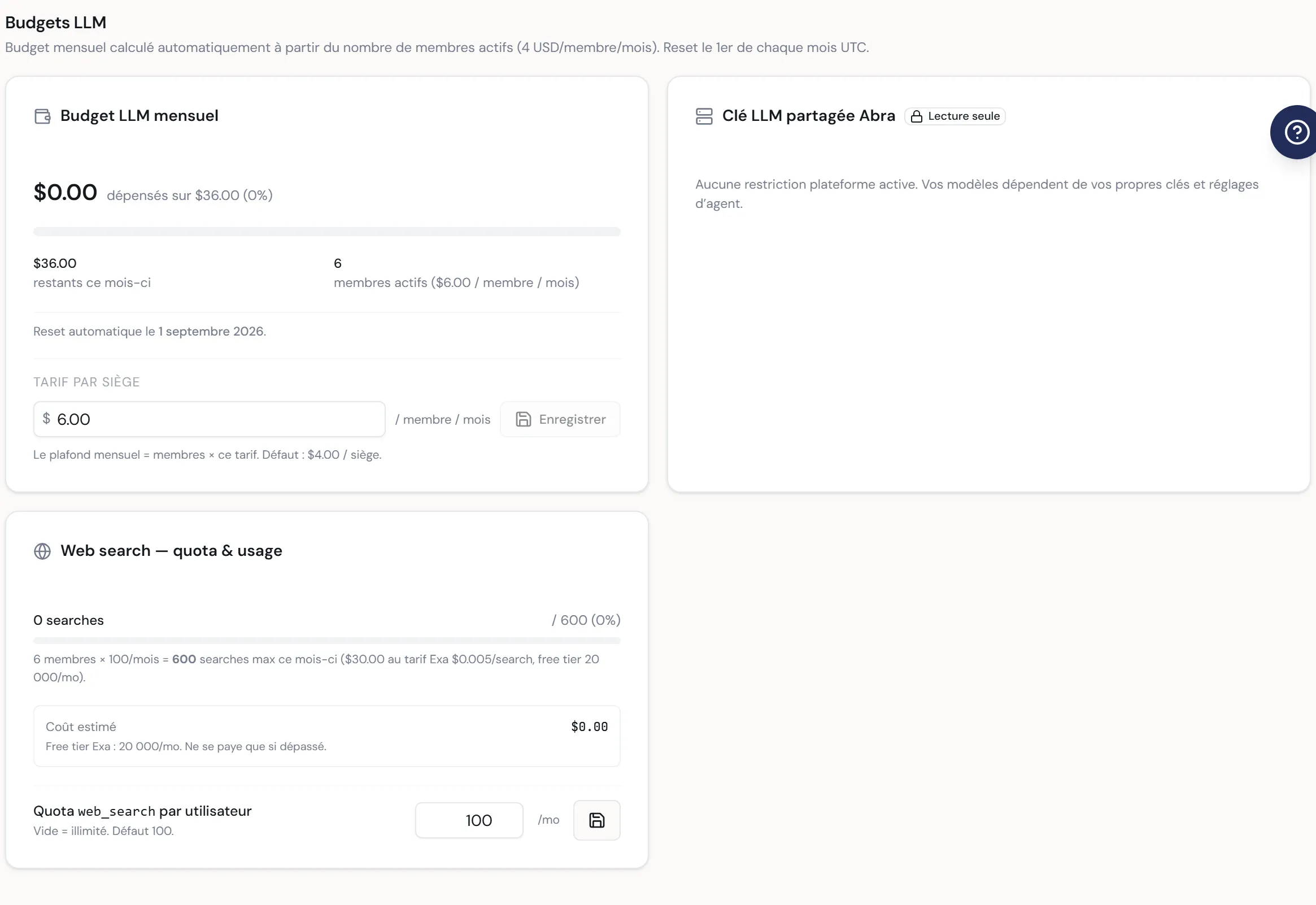 À CAPTURER : la section « Budgets LLM » — trois cartes côte à côte : Budget LLM mensuel (barre de progression + tarif par siège), Clé LLM partagée Abra, et Web search — quota & usage