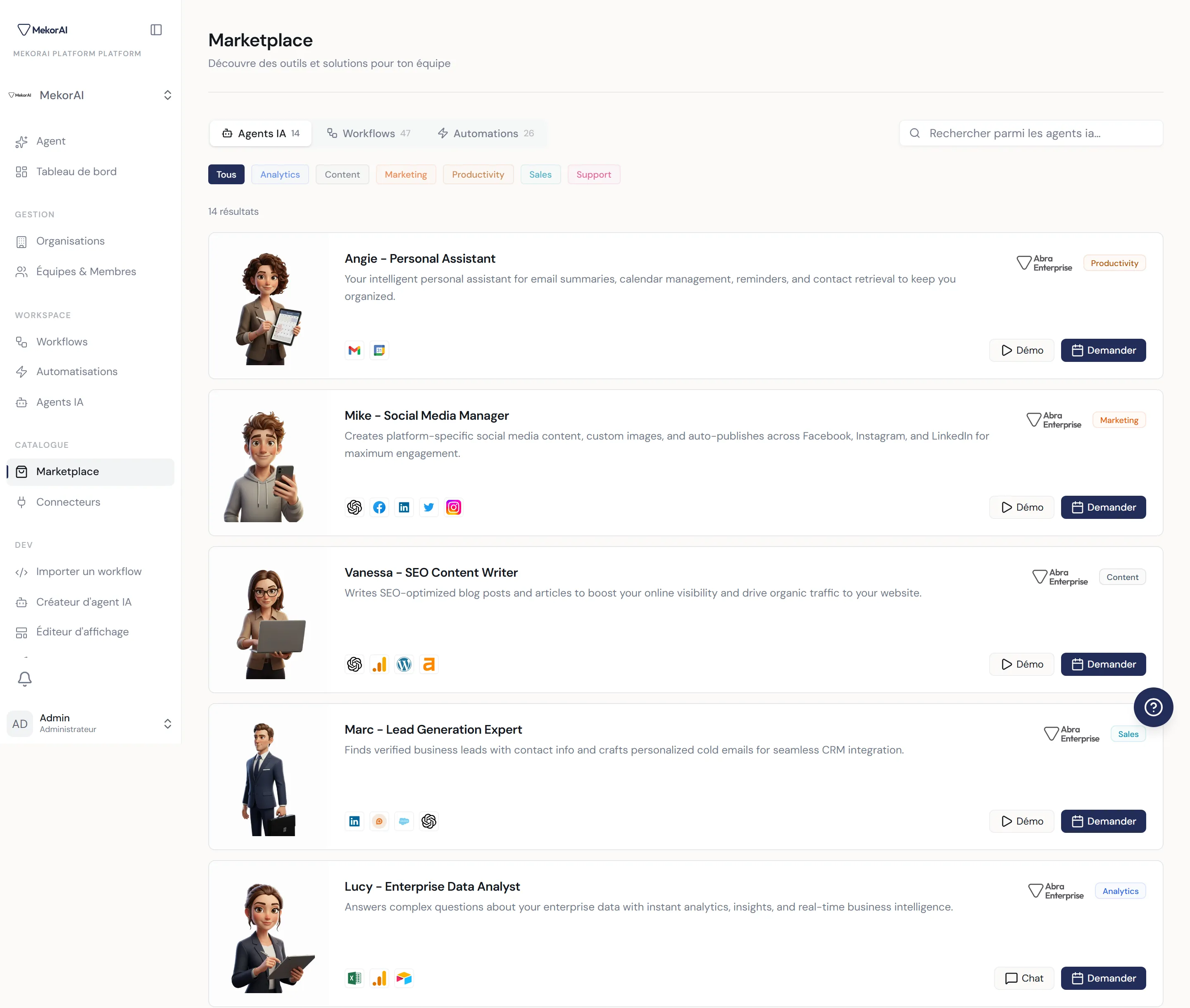 À CAPTURER : la Marketplace, onglet Agents actif — la barre de recherche et les pastilles de catégorie en haut, puis la grille de cartes d'agents avec leur bouton Activer