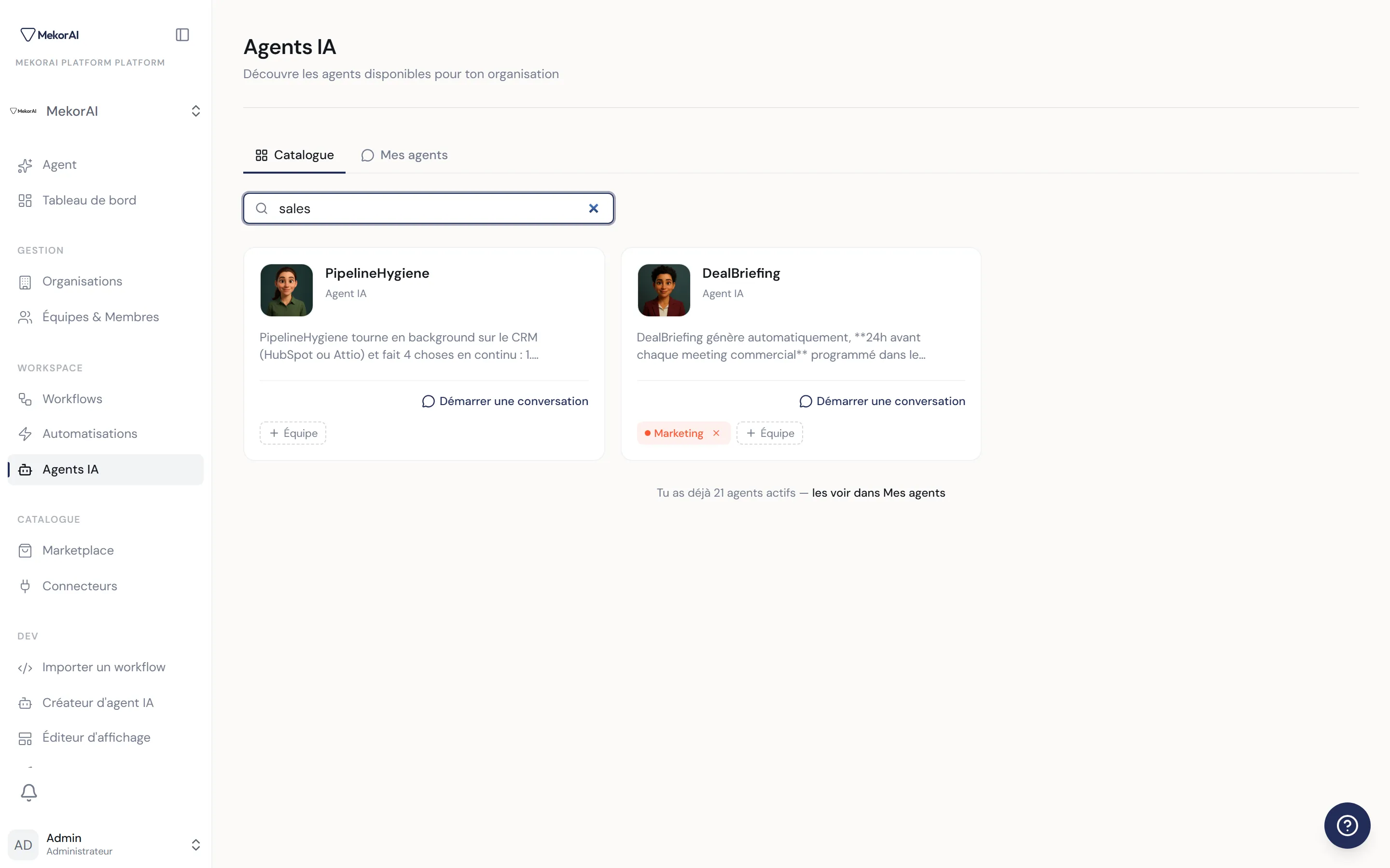 À CAPTURER : le catalogue avec la barre de recherche remplie et un filtre de catégorie actif — la grille filtrée montrant quelques résultats et le compteur « N résultats ».