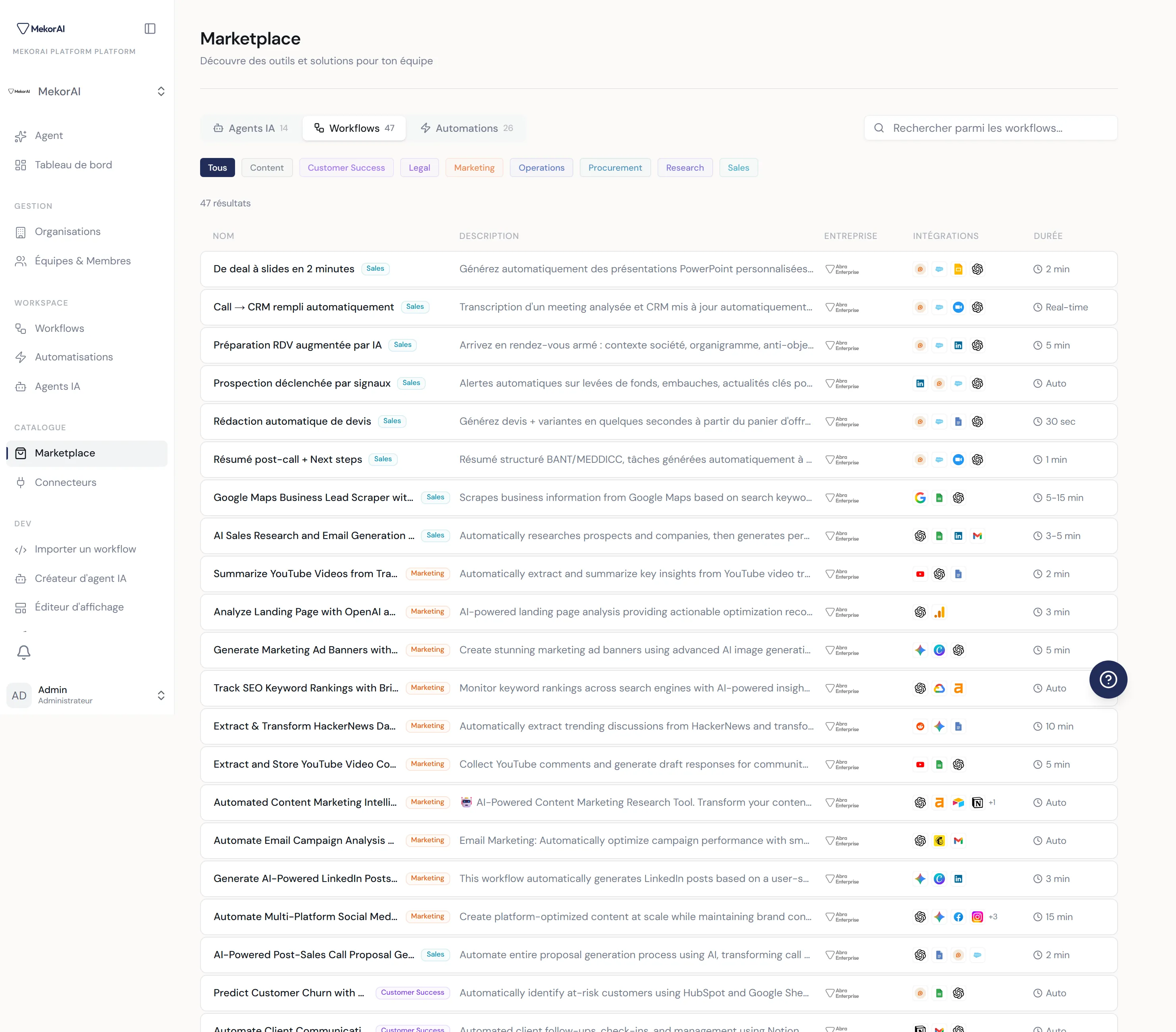 À CAPTURER : la vue tableau des workflows — la ligne d'en-tête (Nom, Description, Entreprise, Intégrations, Durée) puis plusieurs lignes avec nom + badge métier, description, logo d'entreprise, icônes d'intégrations et la colonne durée