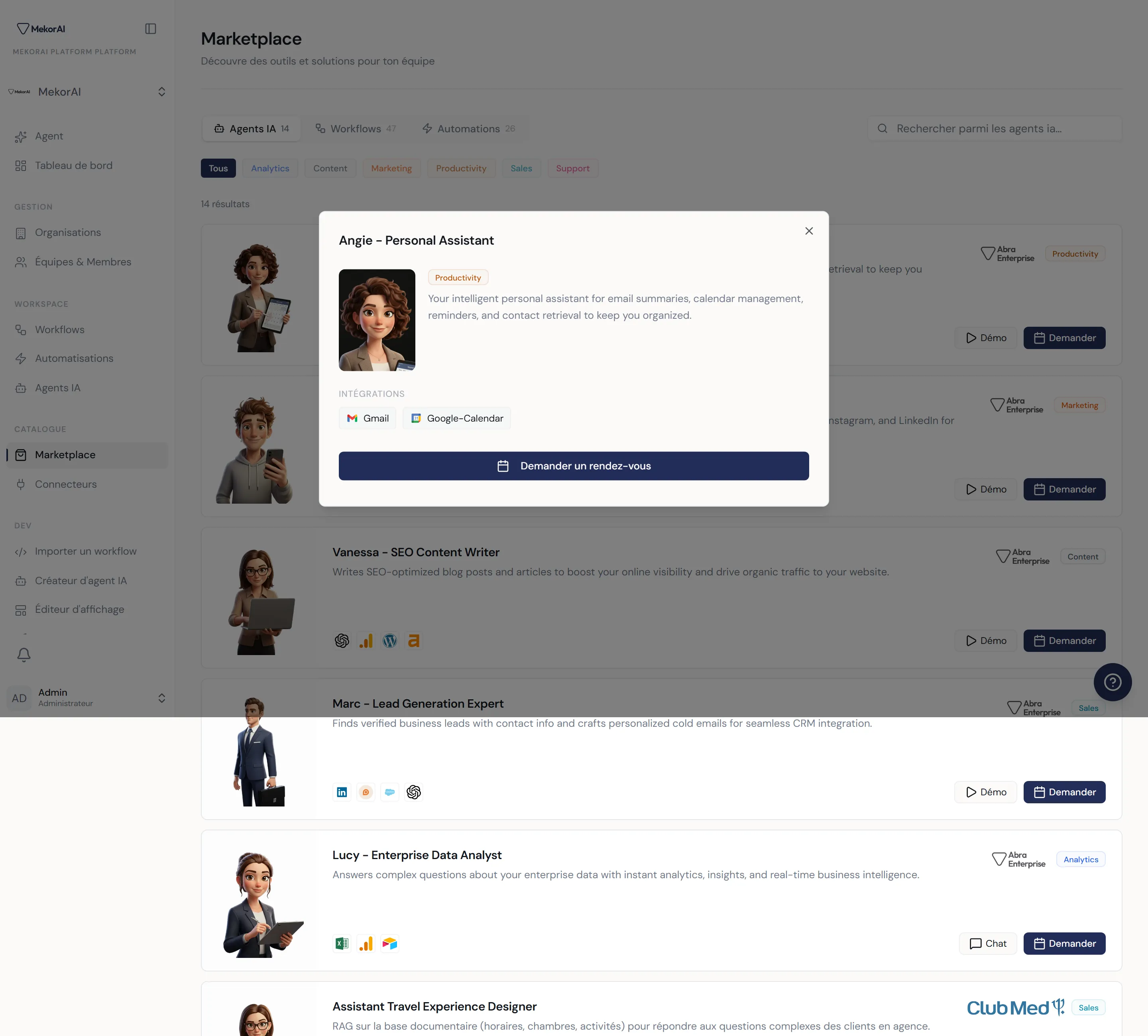 À CAPTURER : la fenêtre d'aperçu ouverte — visuel de la solution, badge de métier + durée, description, la liste des intégrations en pastilles, et en bas les boutons « Demander un rendez-vous » et « Voir la vidéo »