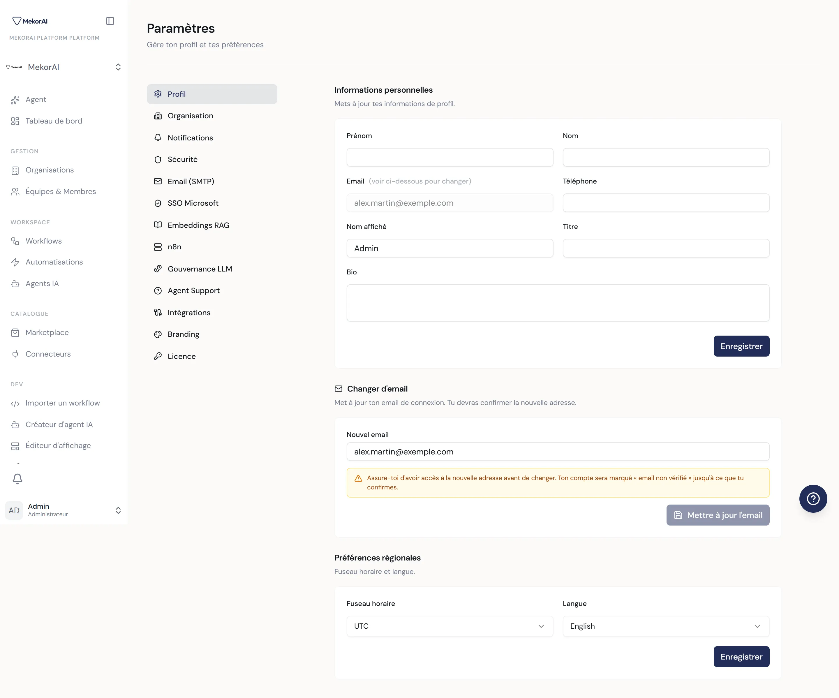 À CAPTURER : la page Paramètres avec sa colonne d'onglets à gauche (Profil, Organisation… puis les onglets admin) et le contenu de l'onglet actif à droite