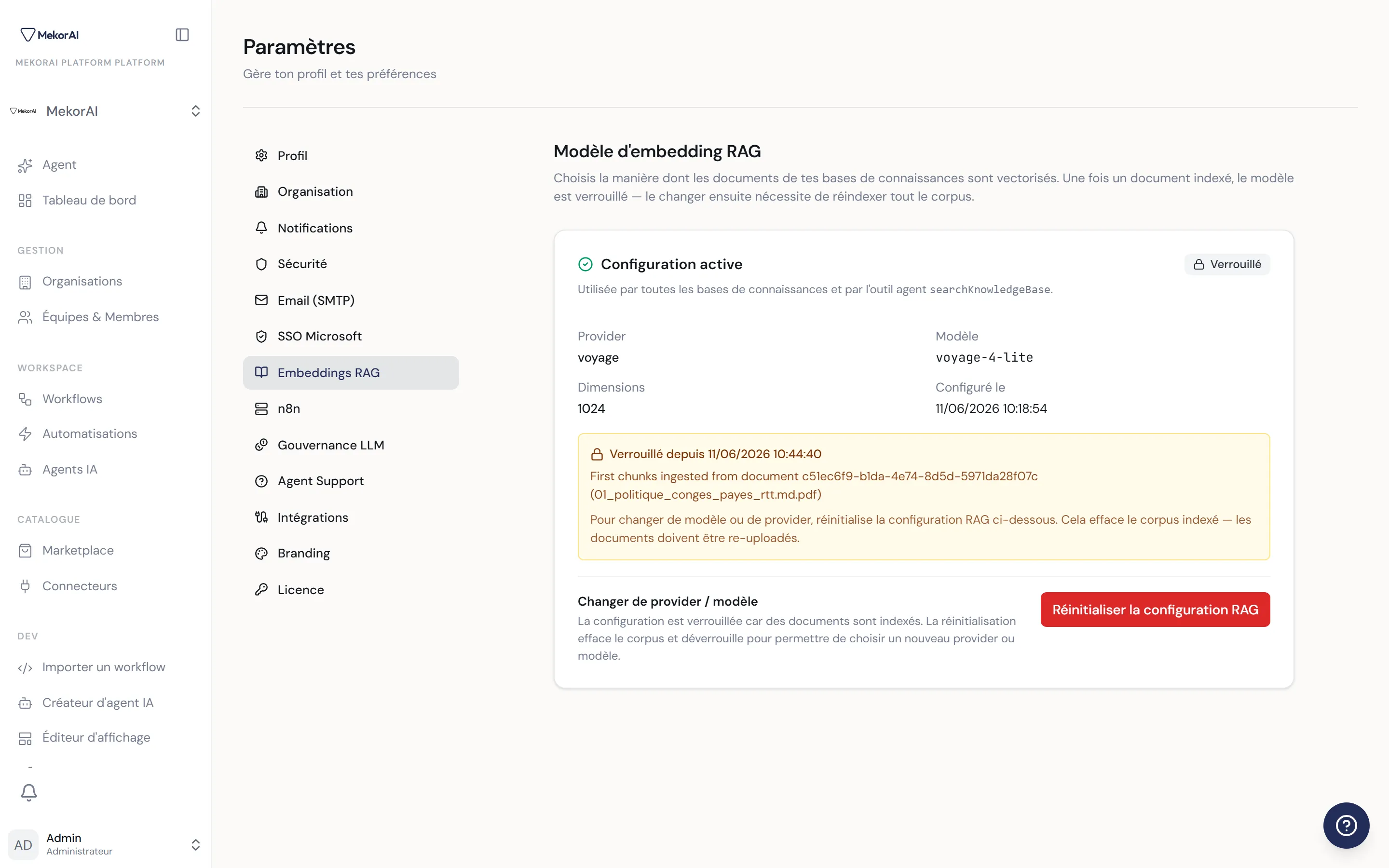 À CAPTURER : l'onglet RAG — carte « Configuration active » avec badge Verrouillé, OU l'assistant Étape 1 (découverte des modèles) / Étape 2 (choix du modèle + test)
