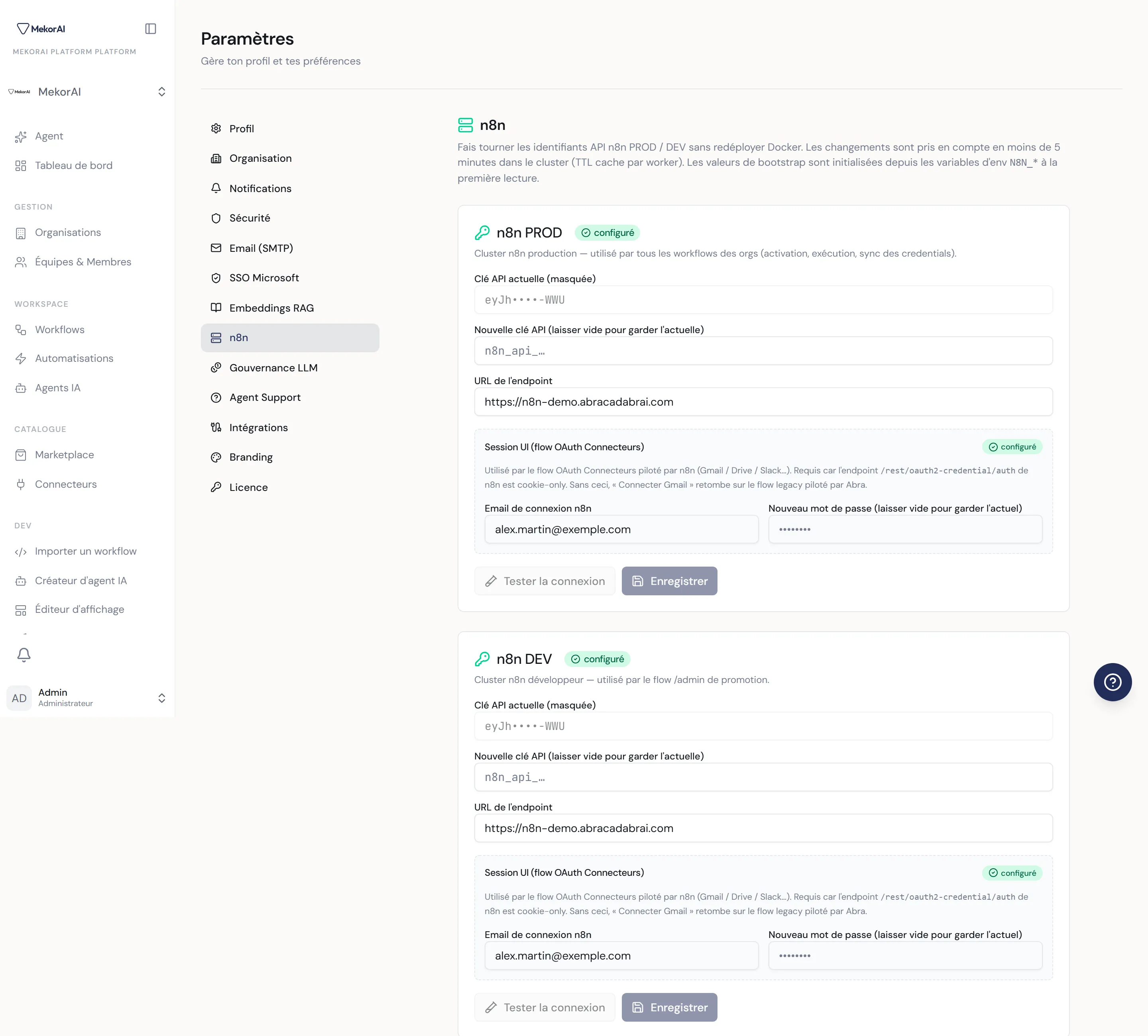À CAPTURER : l'onglet Moteur — cartes « moteur PROD » et « moteur DEV » avec leurs champs, le sous-panneau Session UI, et la carte du token de callback