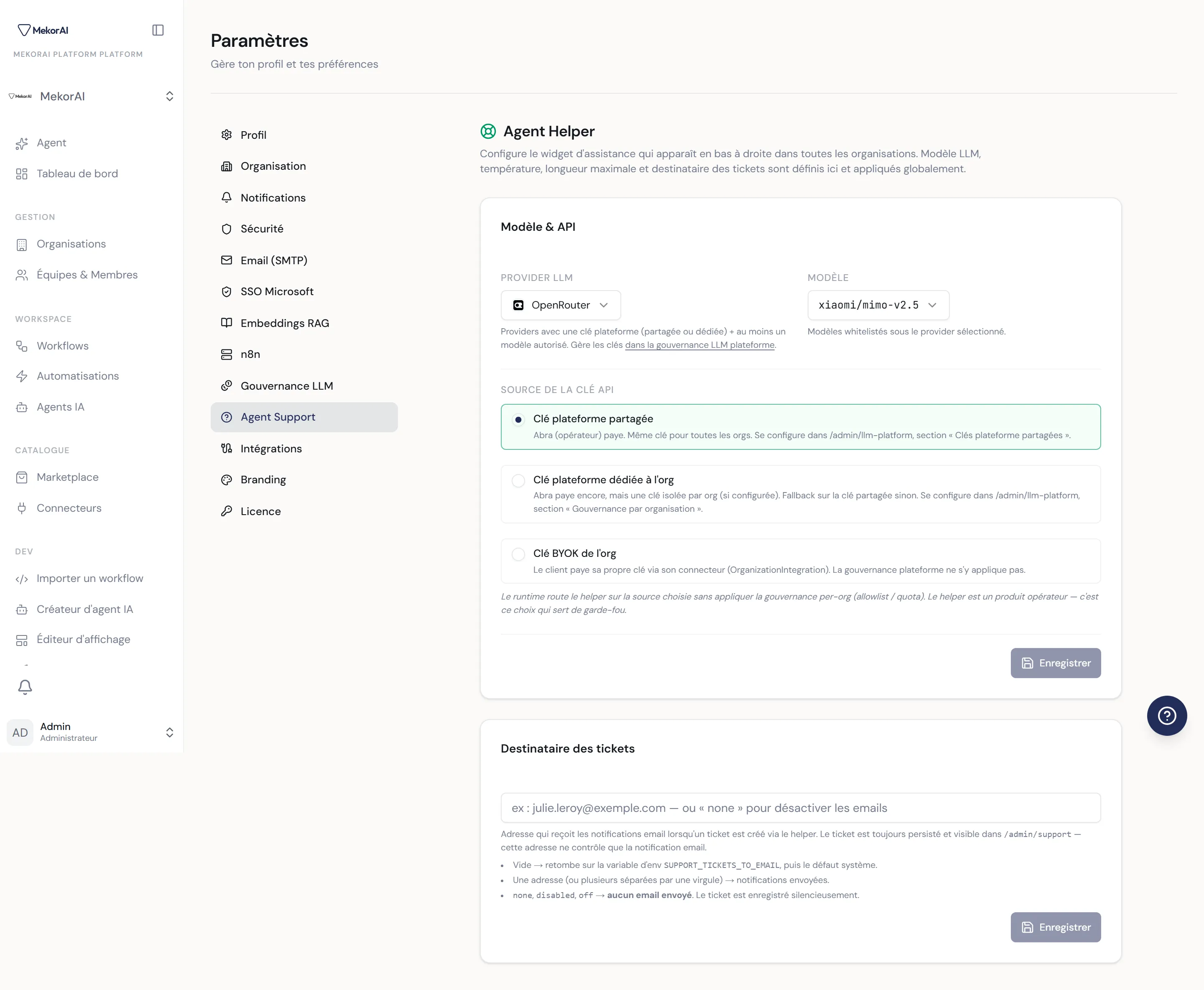 À CAPTURER : l'onglet Agent Support — carte « Modèle & API » (menus Provider / Modèle + radios de source de clé) et carte « Destinataire des tickets »