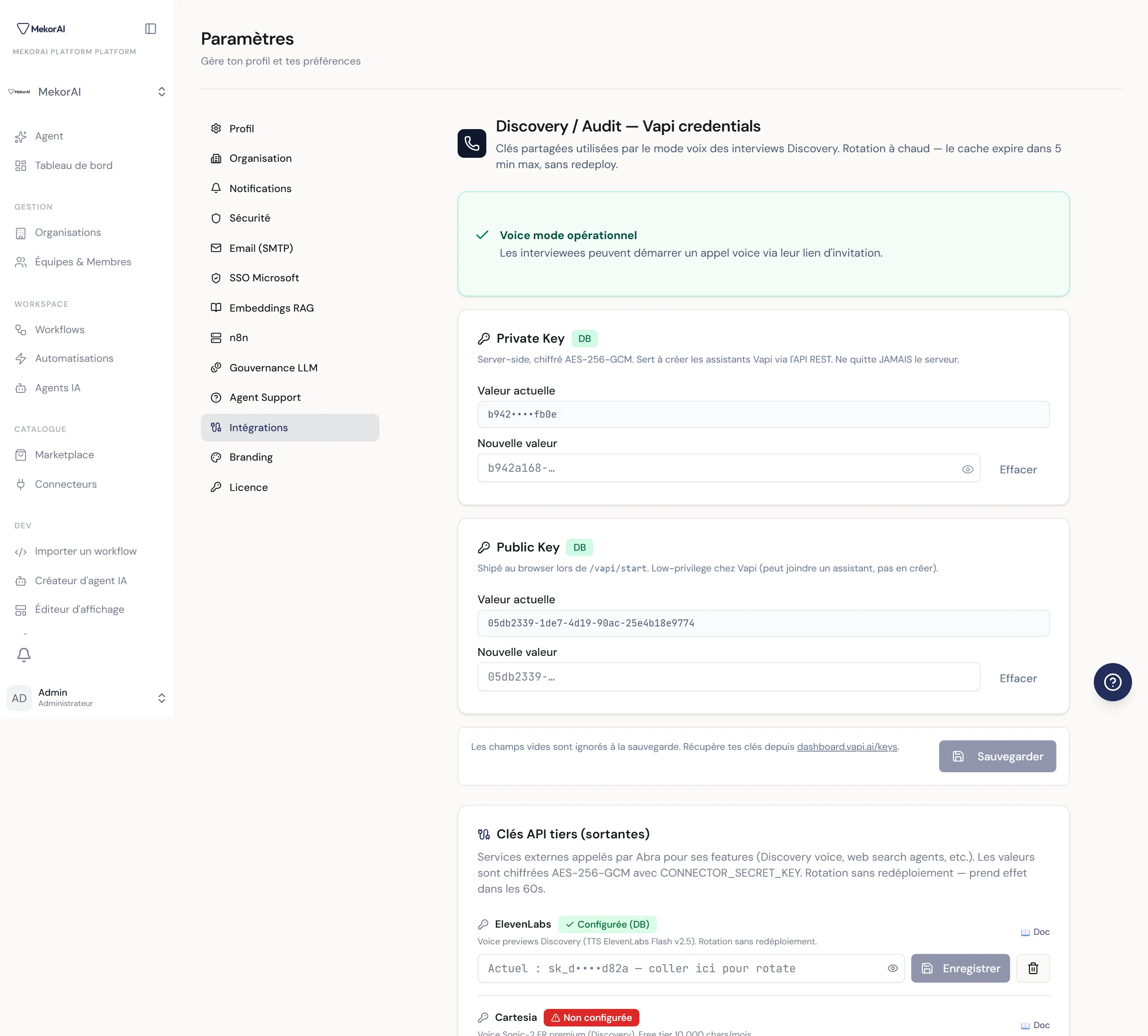 À CAPTURER : l'onglet Intégrations — bloc « Vapi credentials » (Private / Public Key) puis bloc « Clés API tiers » avec une ligne par service