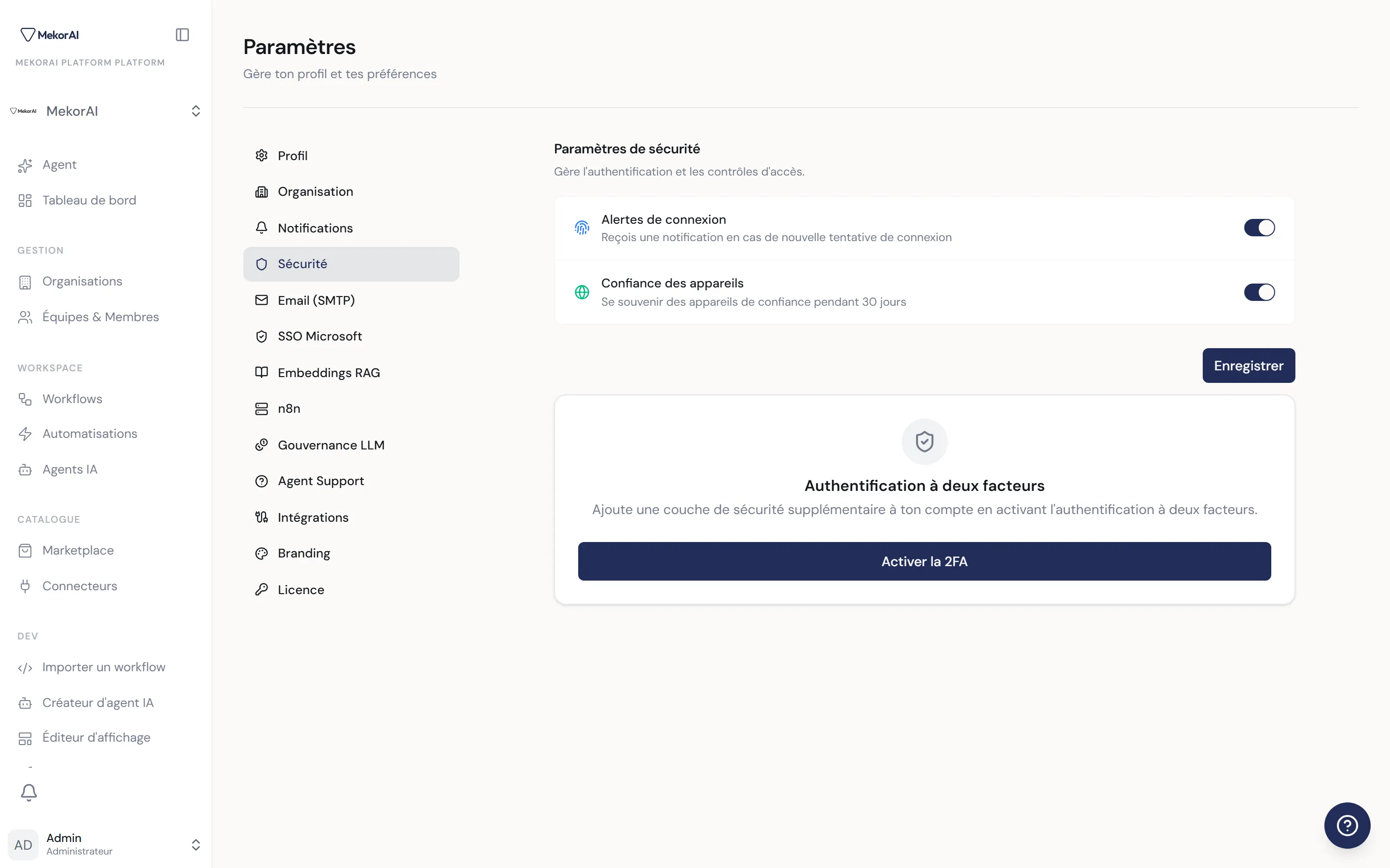 À CAPTURER : l'onglet Sécurité — les deux bascules (alertes de connexion, confiance des appareils) et la carte 2FA en dessous