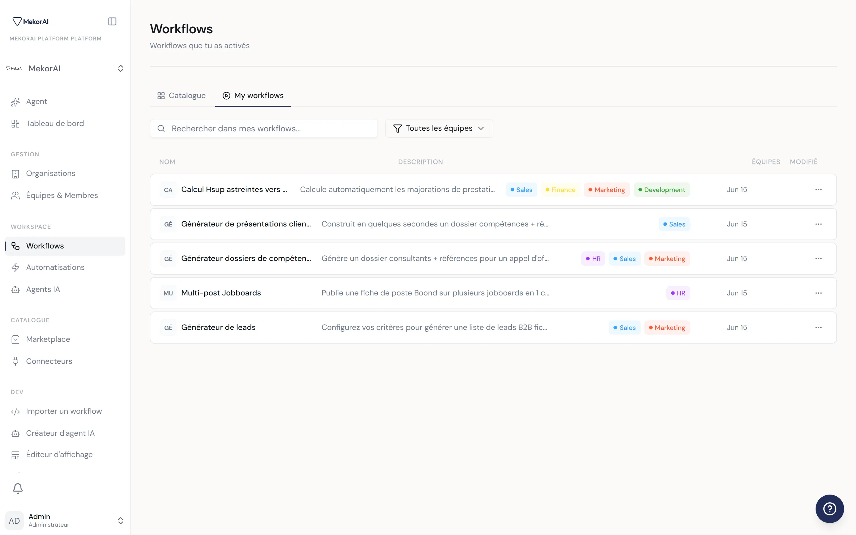 À CAPTURER : le haut de la page /workflows — titre « Workflows », sous-titre, les deux onglets Catalogue / Mes workflows, et le bouton Importer JSON à droite
