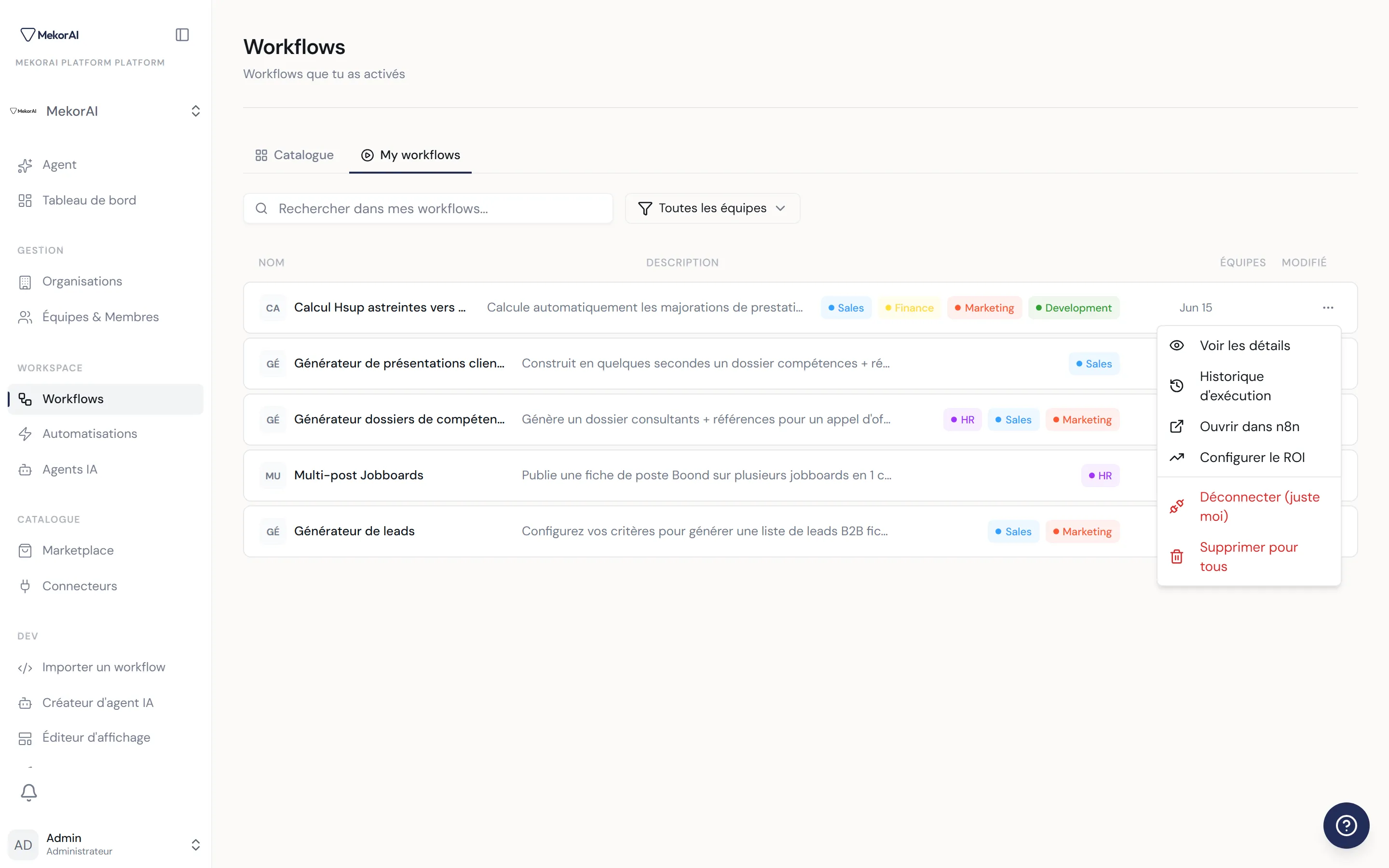 À CAPTURER : l'onglet Mes workflows — une ligne de workflow avec le bouton Exécuter, et une ligne d'automatisation avec son interrupteur On/Off, plus le menu « … » ouvert