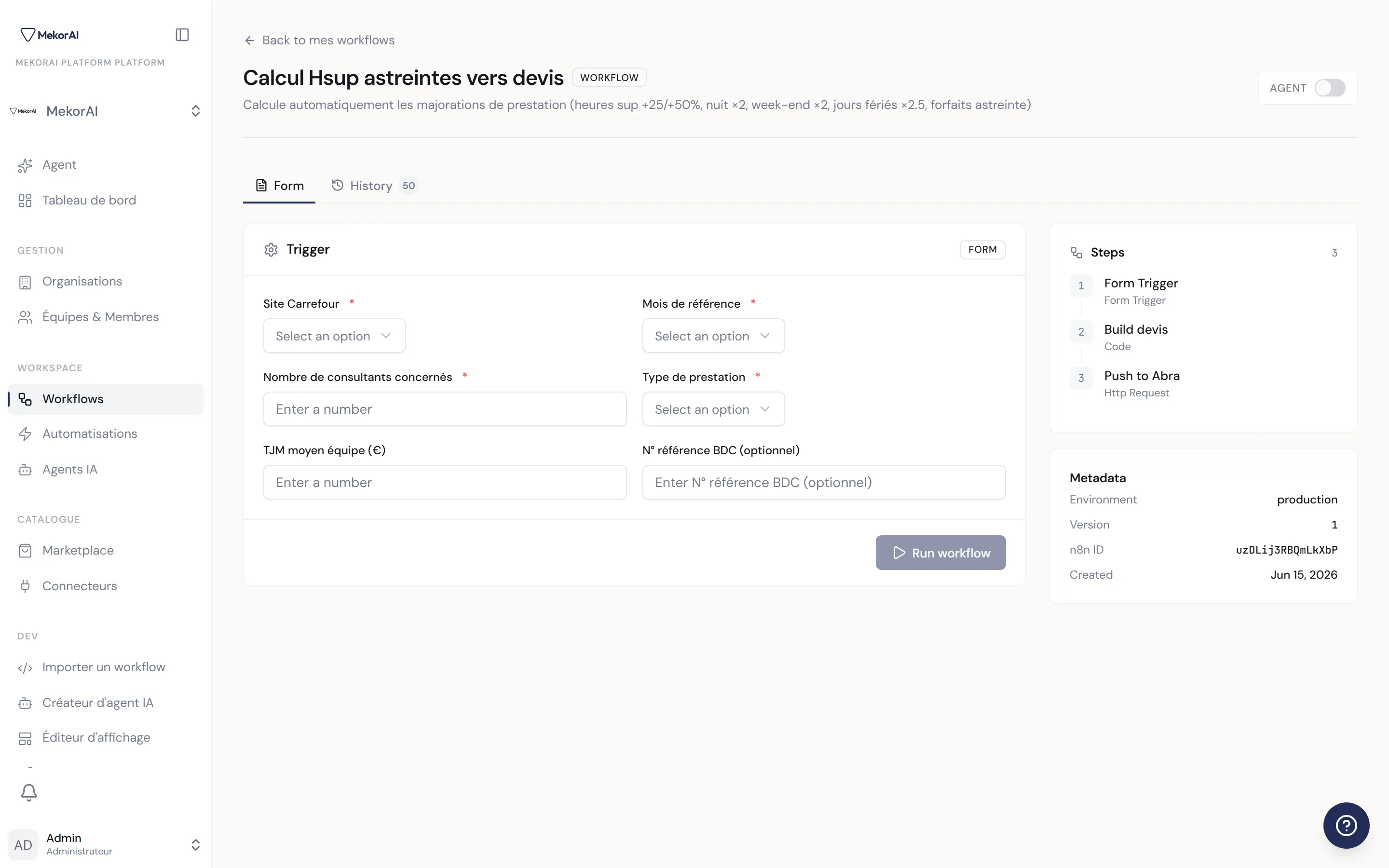 À CAPTURER : l'en-tête d'une fiche de workflow — nom, badges, interrupteur « Agent », interrupteur automation, et les onglets Formulaire / Historique